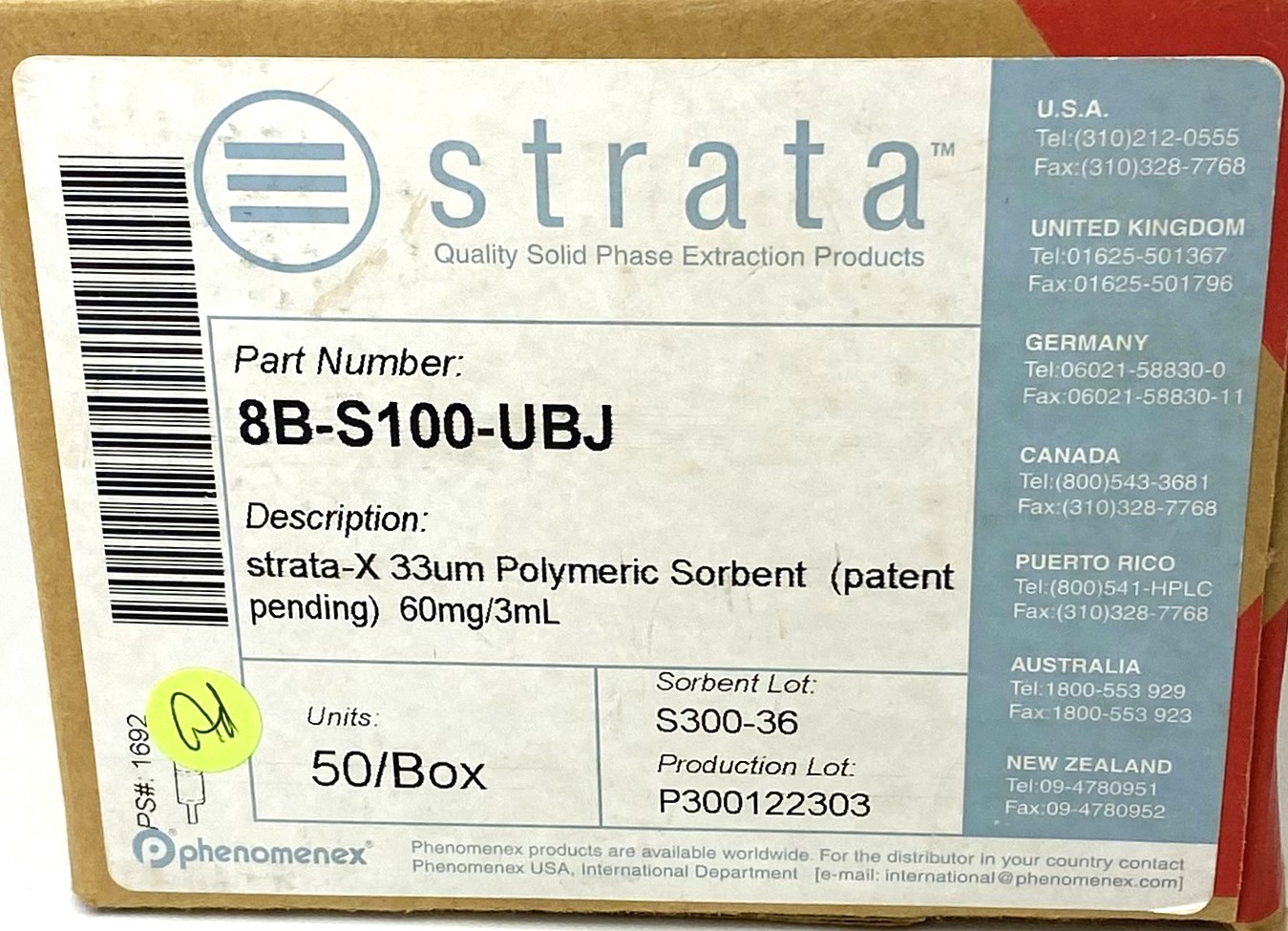 New open box Phenomenex Strata-X (8B-S100-UBJ) 33µm