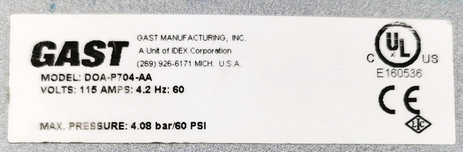 Used Gast DOA-P704-AA High-Capacity Vacuum Pump (1.1cfm)