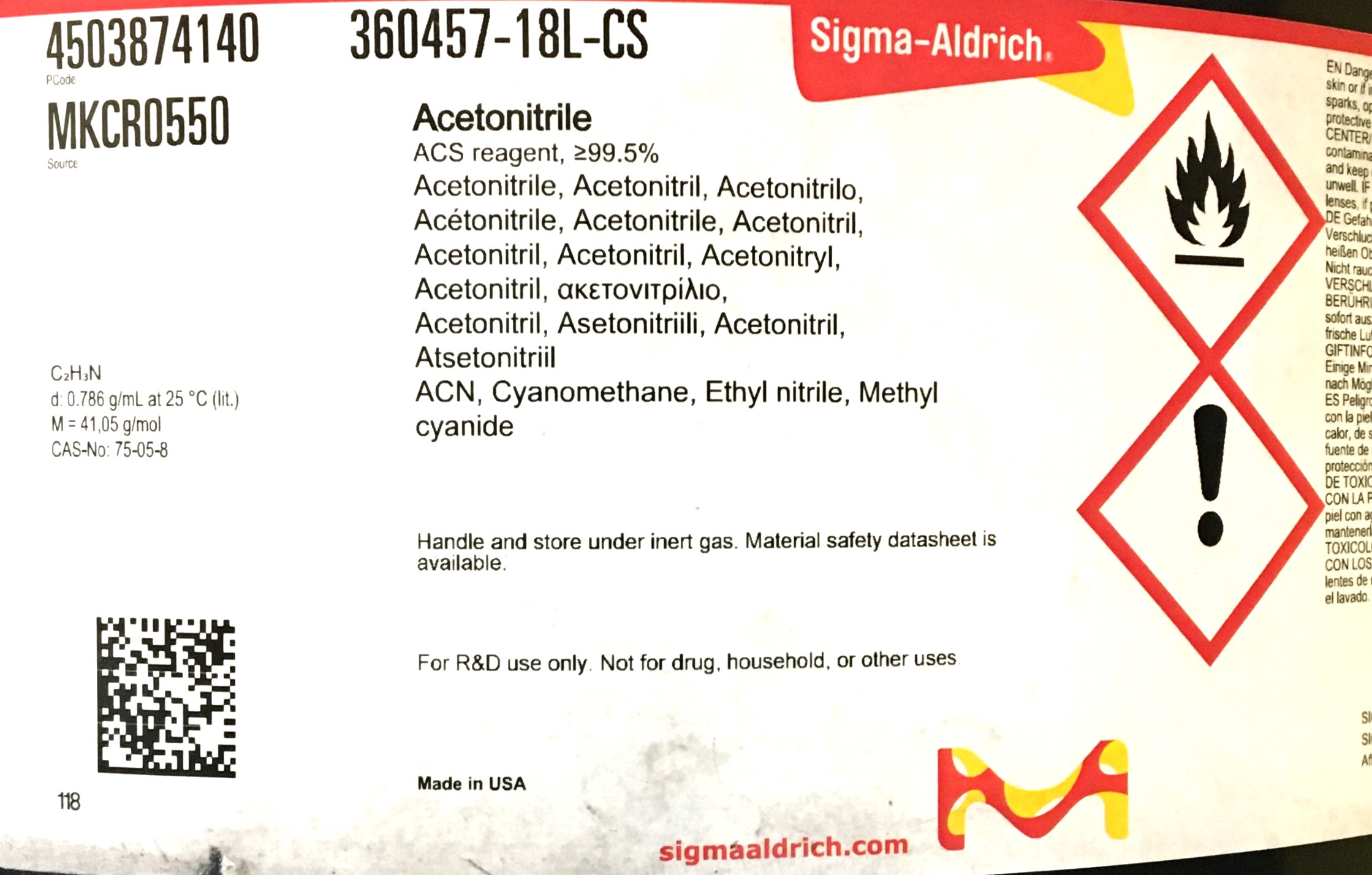 New Sigma-Aldrich 360457-18L-CS Acetonitrile - ≥99.5% (18L)