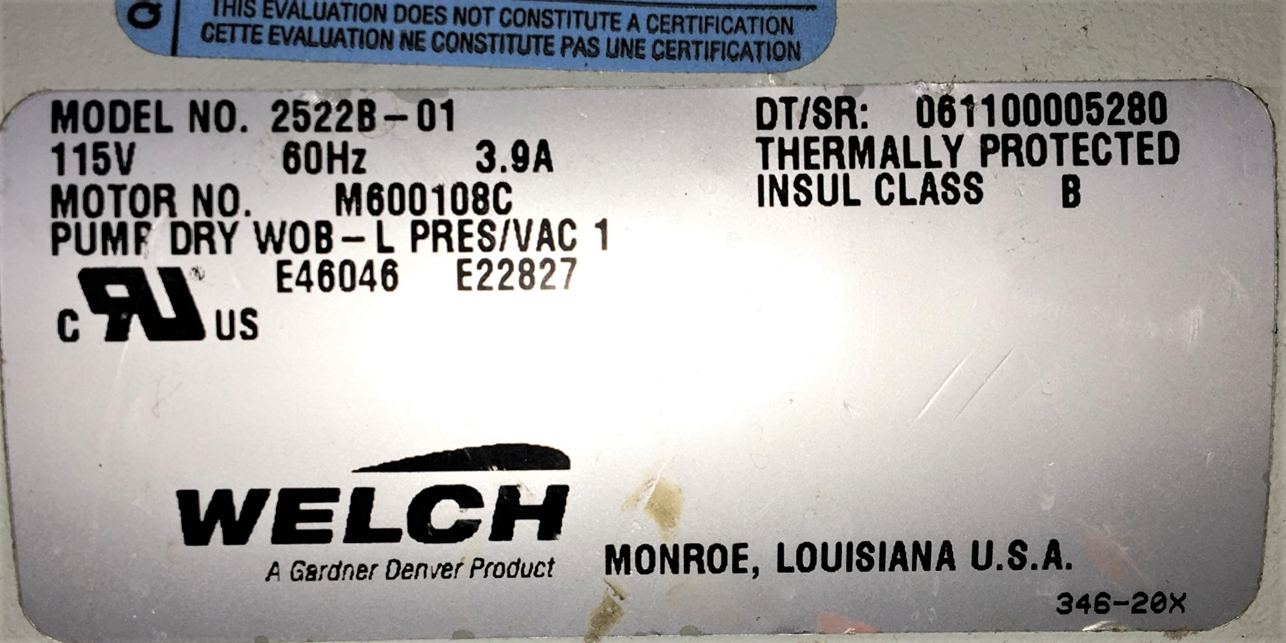 Used Welch 2522B-01 Oil-Free Piston Vacuum Pump - 25.6"Hg