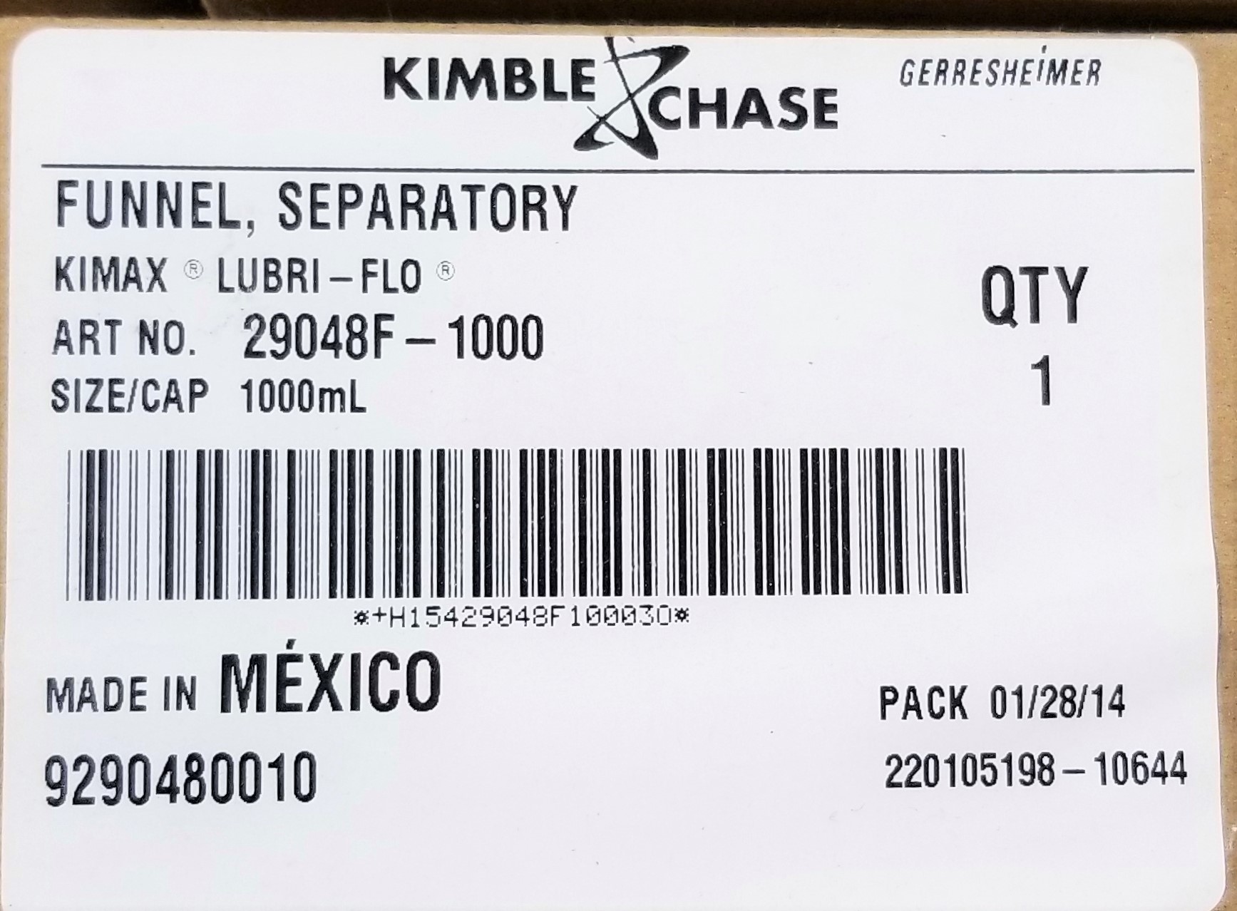 Used Corning or Kimble Squibb Separatory Funnel - 1000mL