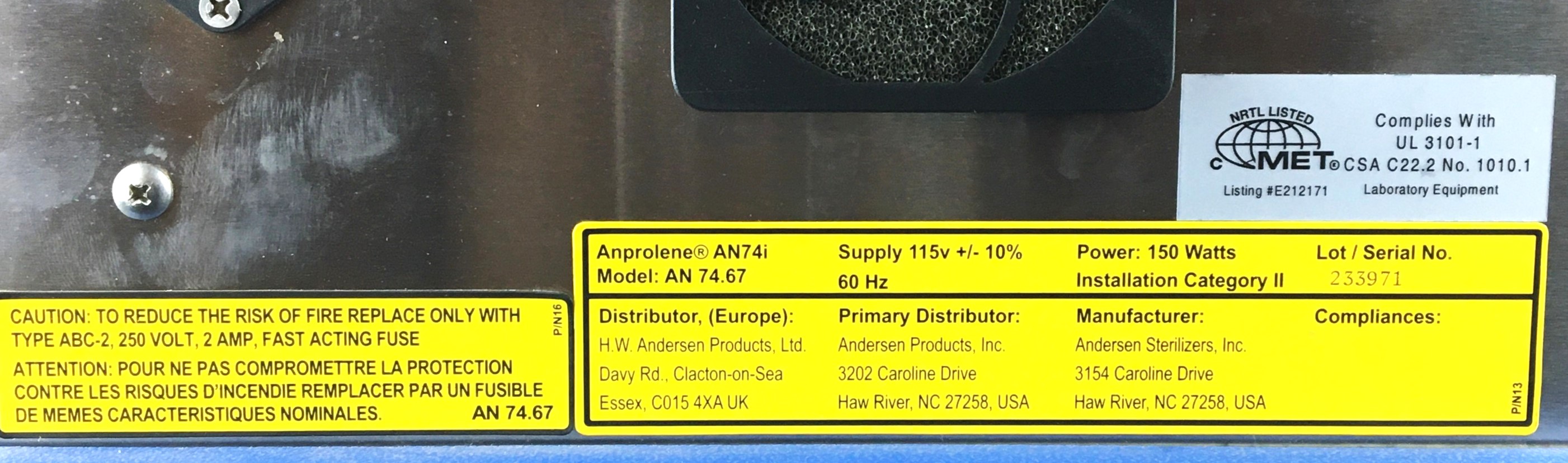 Used Anprolene AN74i EtO Gas Sterilizer