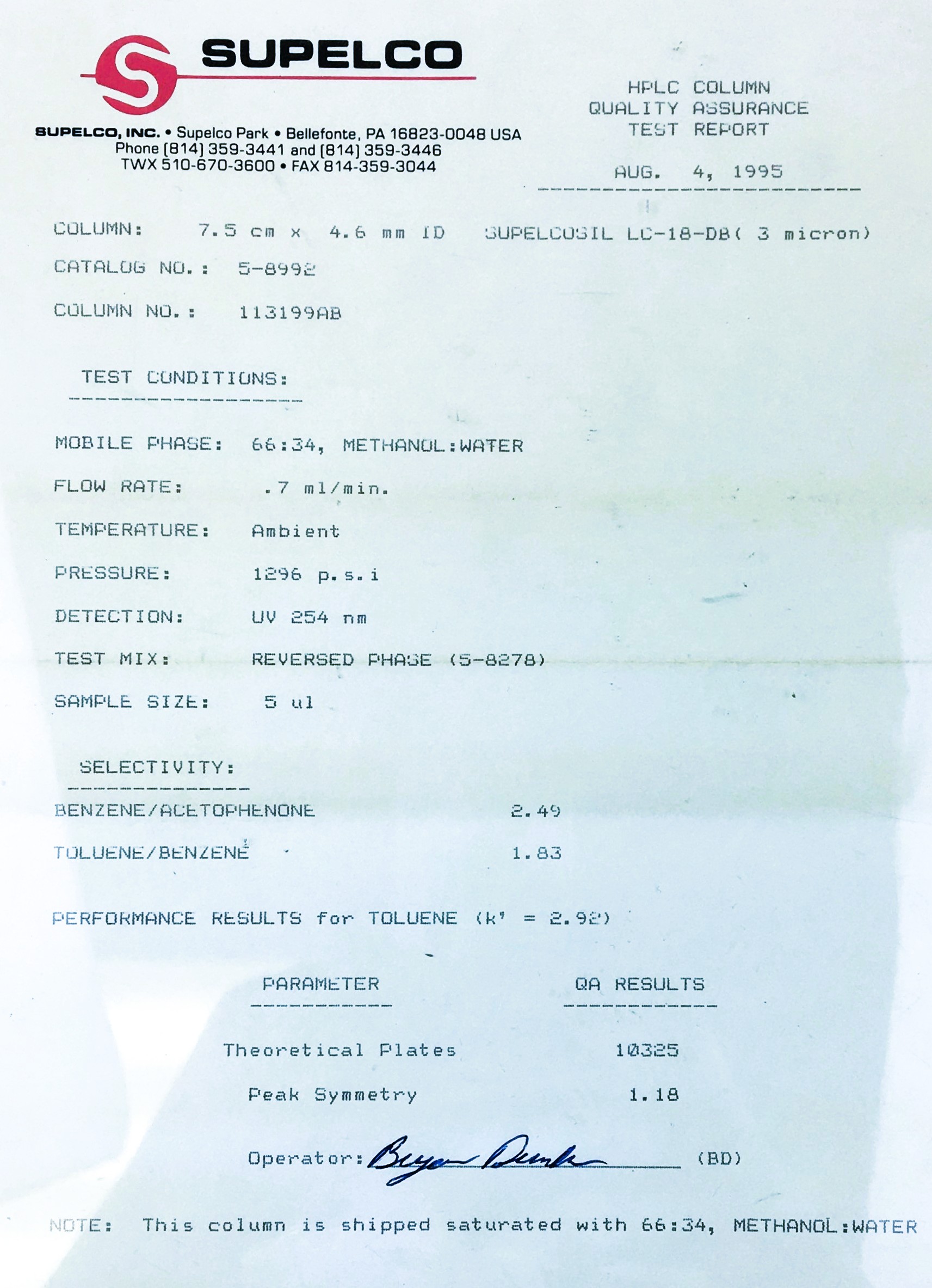 New Open Box Supelco Supelcosil LC-18-DB HPLC Column (7.5 cm × 4.6 mm x 3µm)