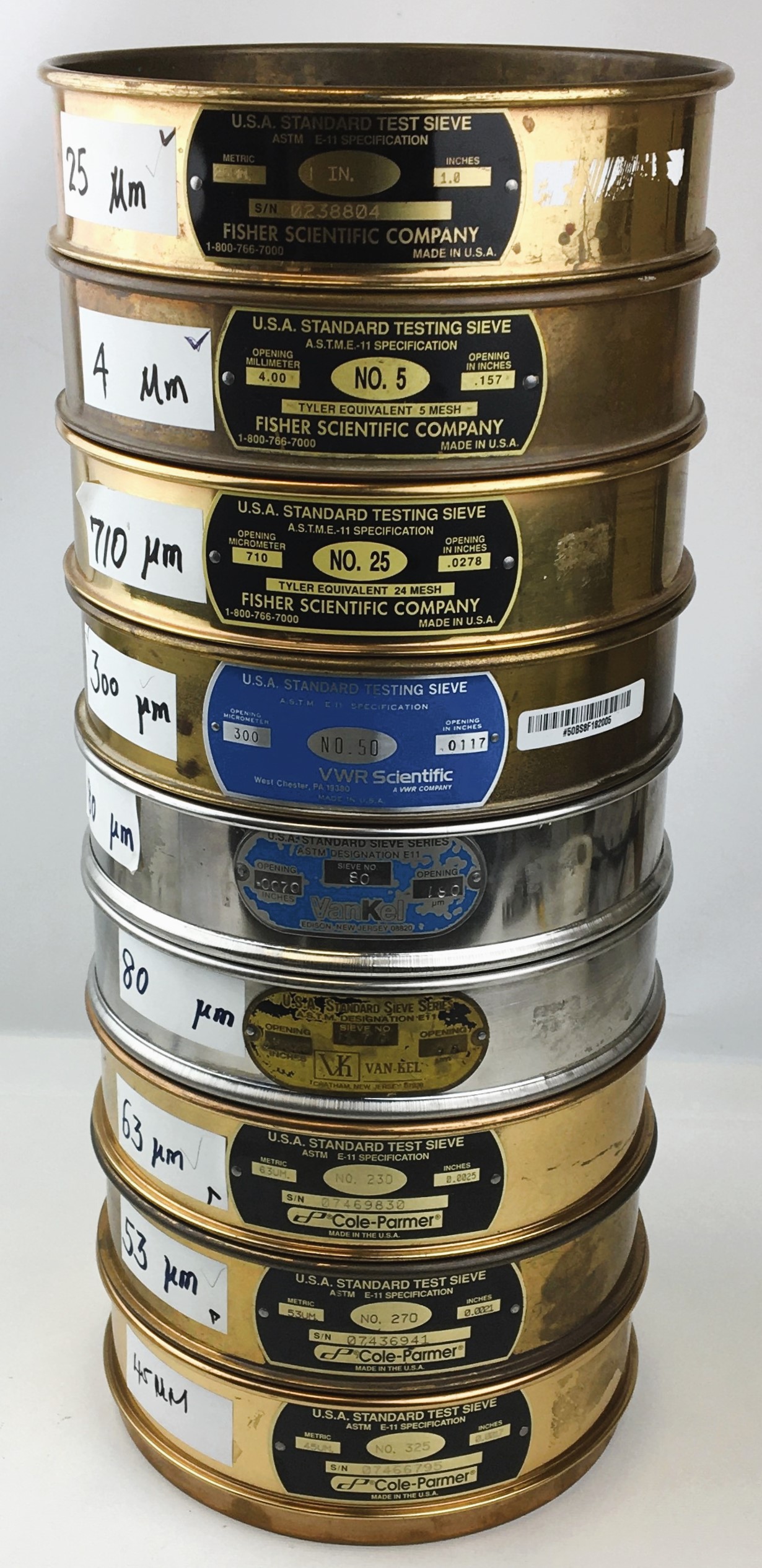 Used USA Standard Brass-Stainless Steel Sieve Kit - 8" Diam (Set of 9)