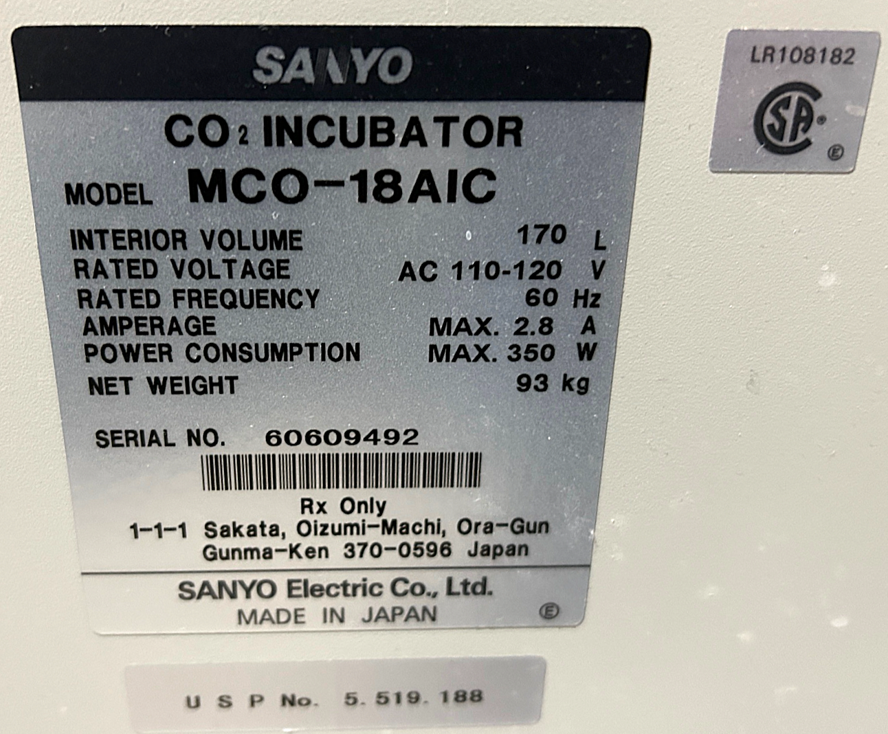Used Sanyo MCO-18AIC CO2 Incubator (6 Cu-Ft)