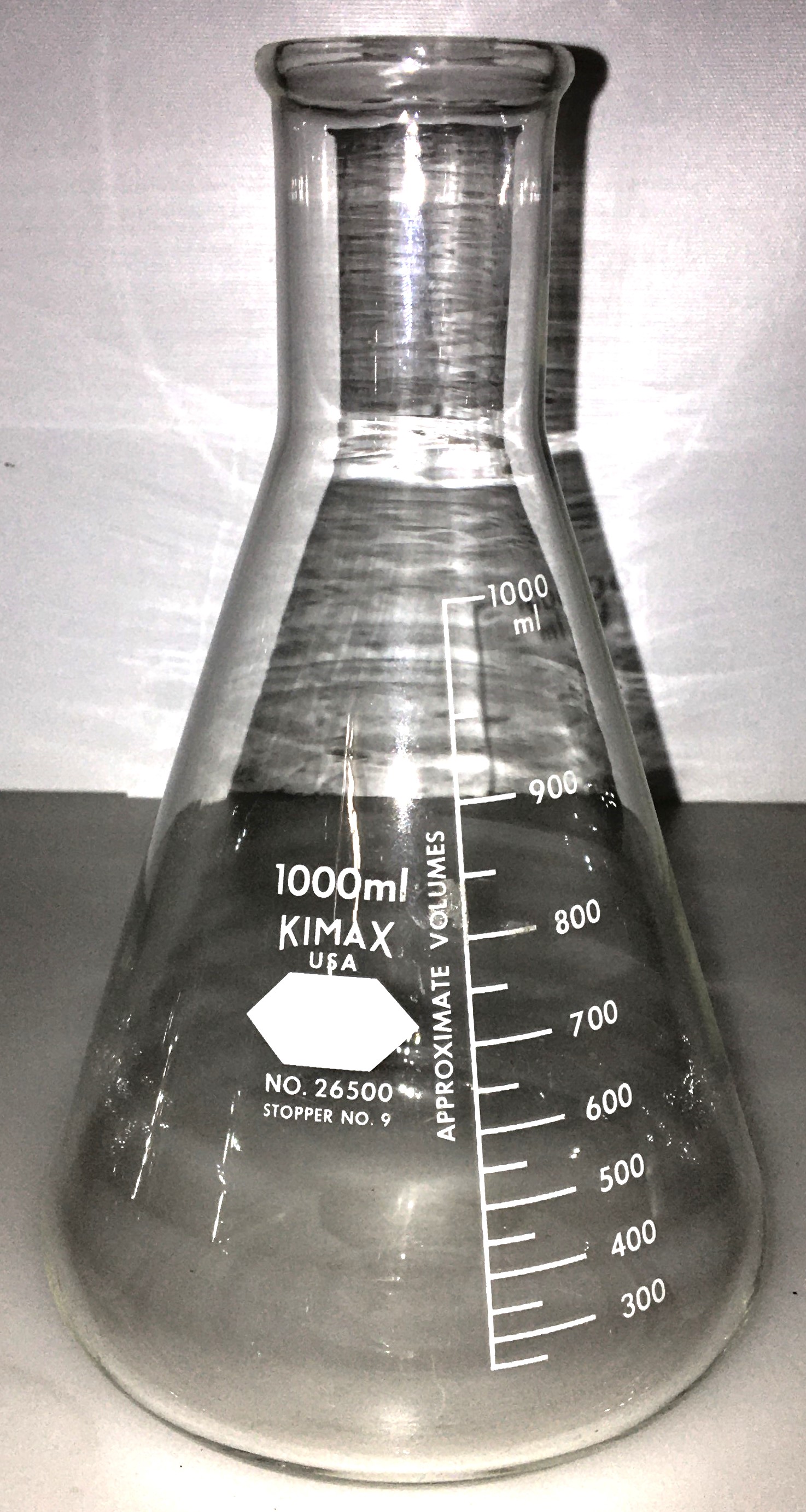 Used Kimble KIMAX 26500 (and Equivalent) Narrow Mouth Erlenmeyer Flask - 1000mL