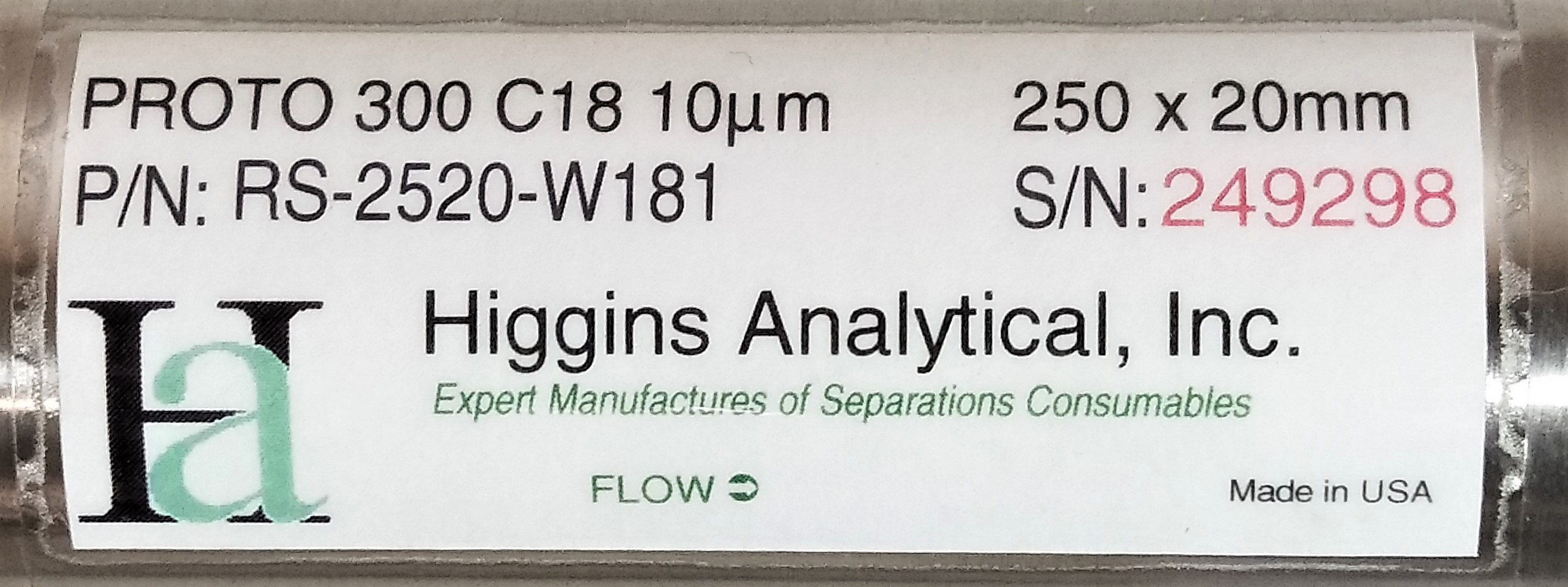 Used Higgins PROTO300 C18 Semi-Prep LC Column (25 cm × 20 mm x 10µm)