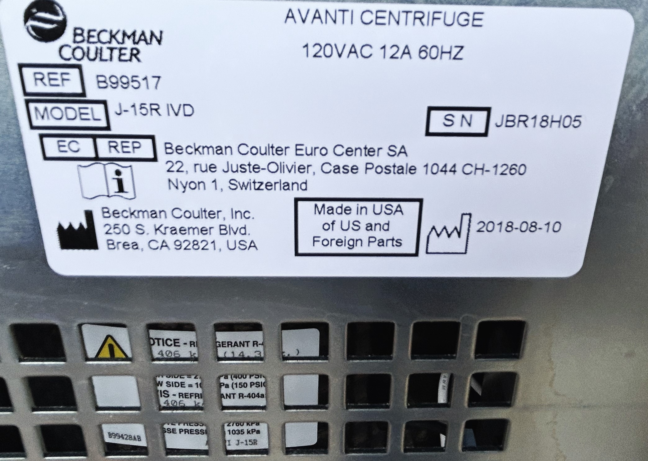 Used Beckman Coulter Avanti J-15R IVD Refrigerated Centrifuge with Rotor (14 x 50mL)
