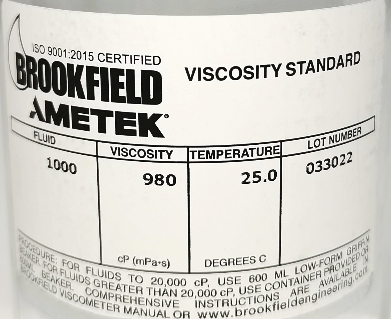 New Brookfield #1000 Viscosity Standard (1,000cp)