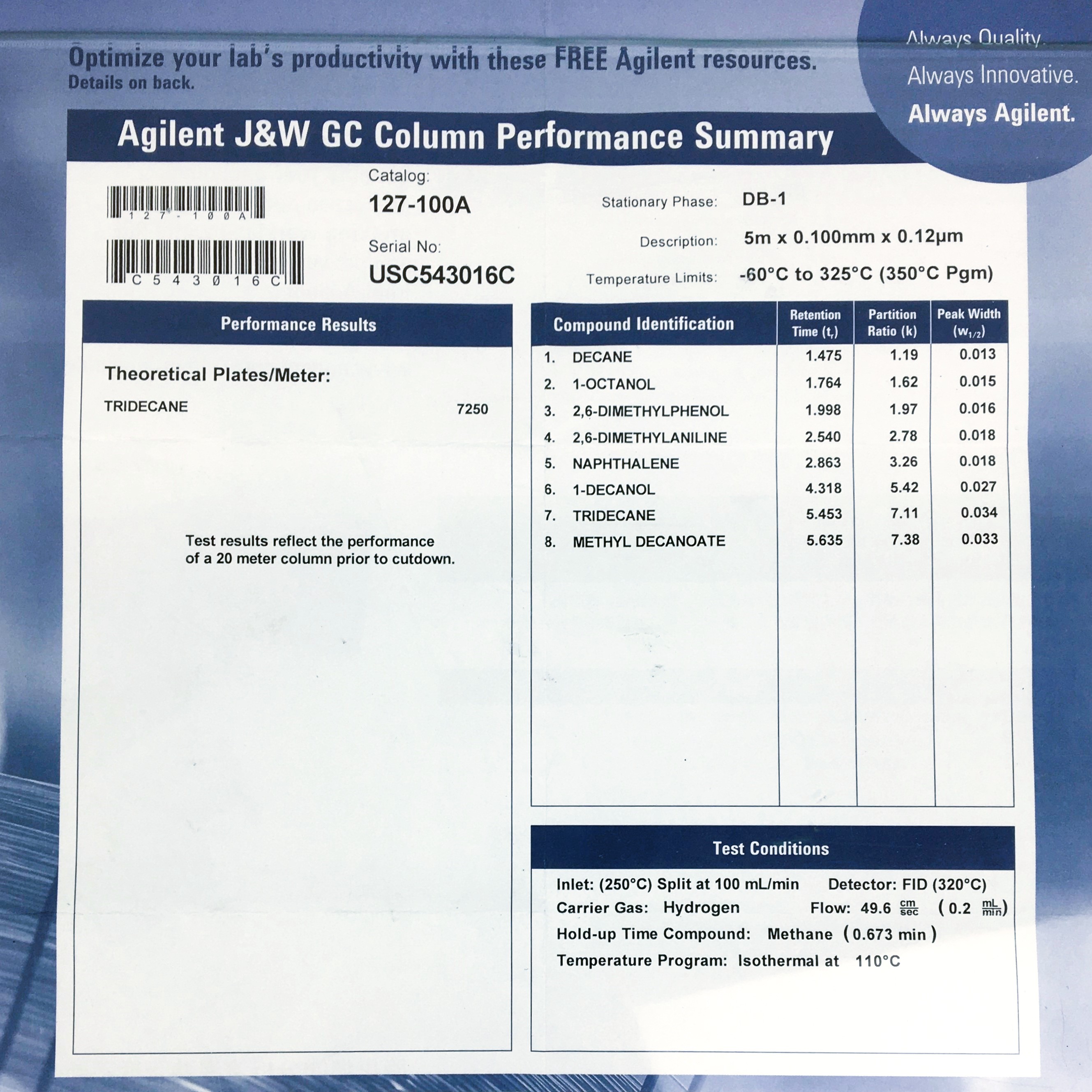 Used Agilent DB-1 (127-100A) Capillary Column (5M × 0.10mm x 0.12µm)