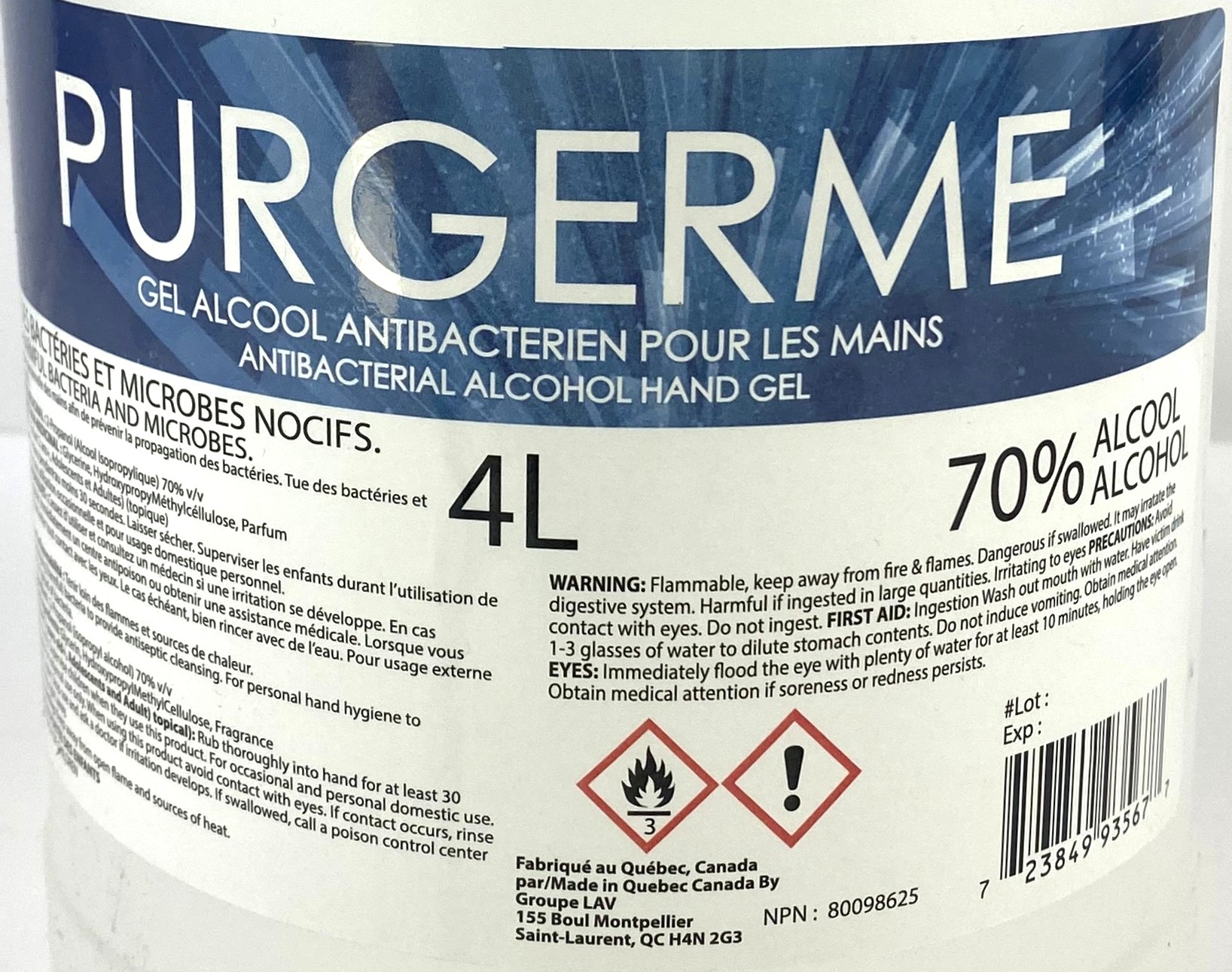 New Open Box Purgerme Antibacterial Hand Sanitizer Gel – 70% Alcohol (5 x 4L)