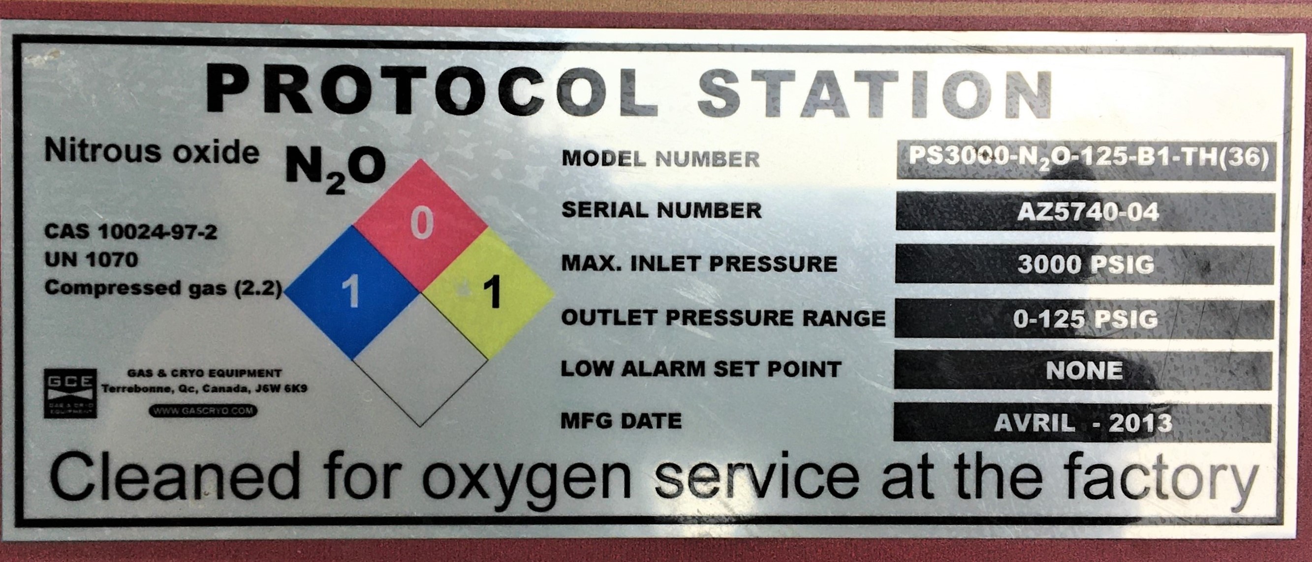 Used GCE Protocol Station PS3000-N2O-125-B1-TH(36) Regulator Panel