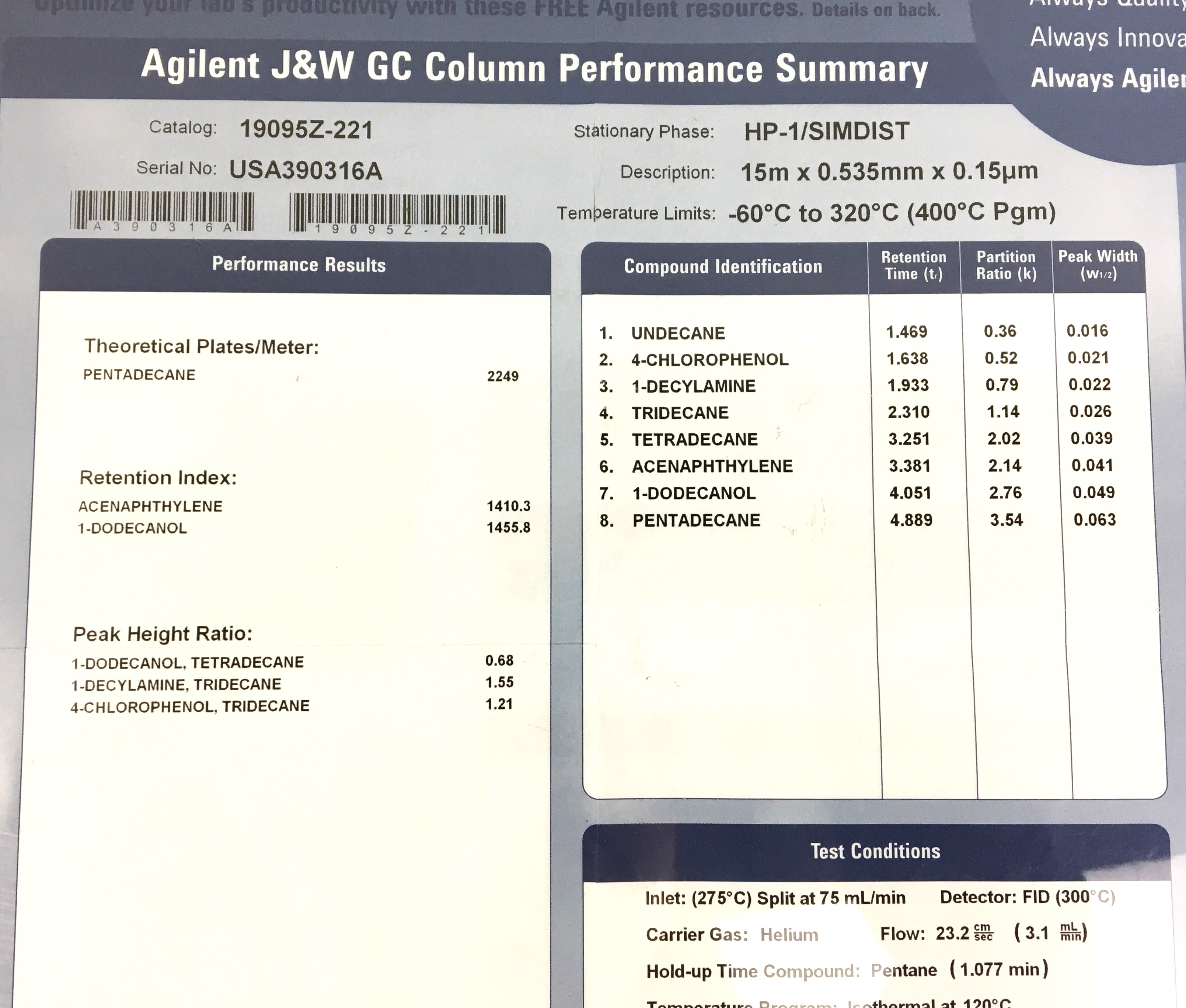 New Open Box Agilent HP-1/SIMDIST (19015Z-221) Capillary Column (15M x 0.53mm x 0.15µm)