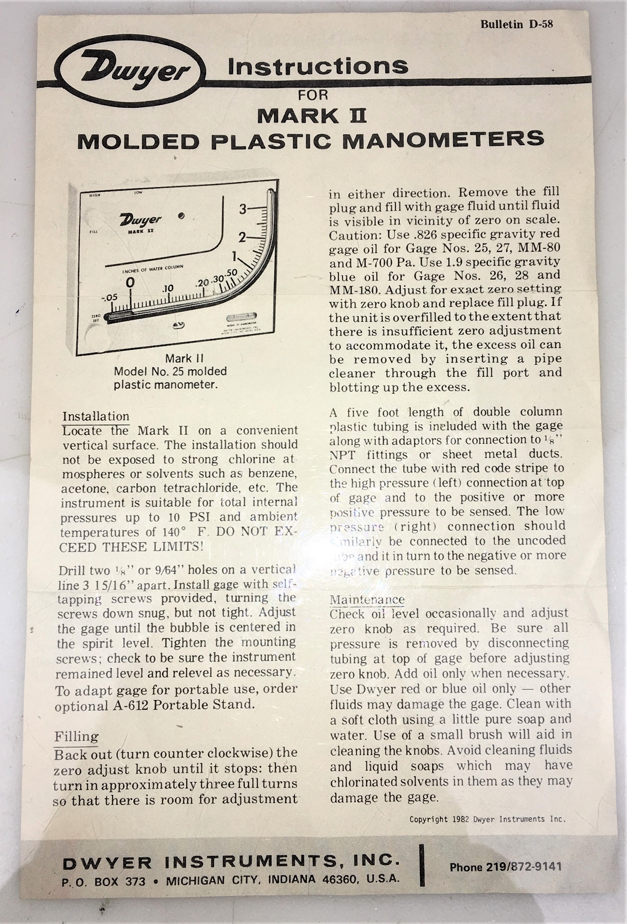 New Open Box Dwyer Mark II Model 25 Manometer - Range of 0-3.0" W.C.