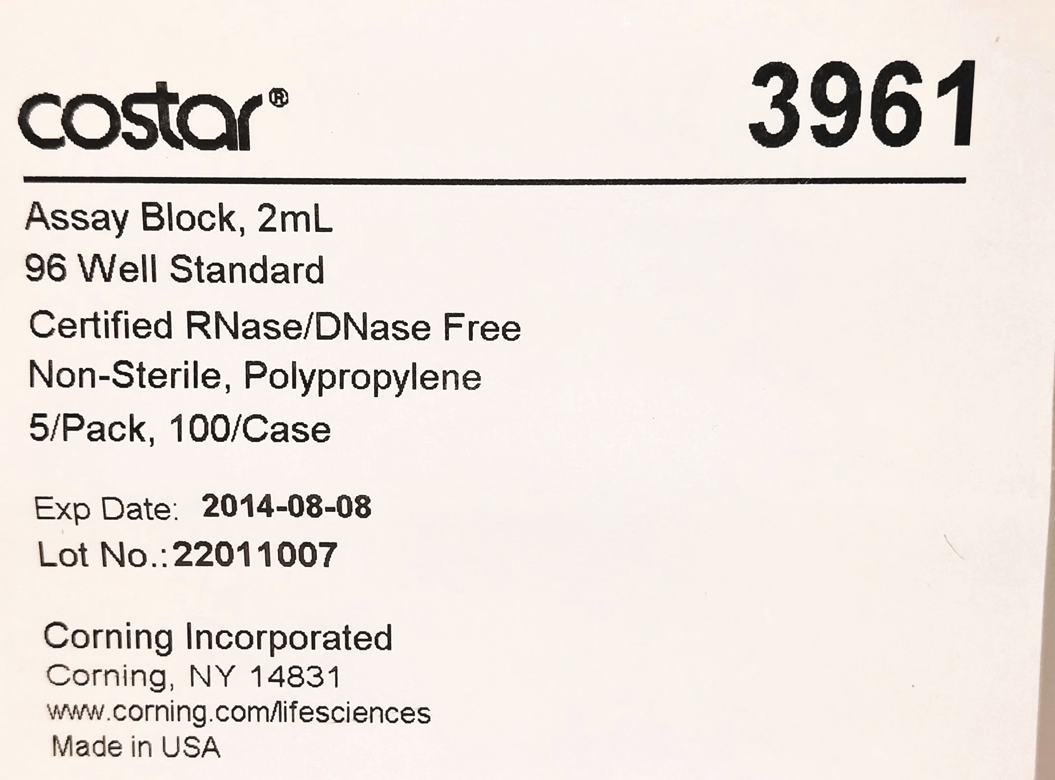 New Open Box Corning Costar 3961 Deep 96-Well Microplate Trays (Pack of 5 Blocks)