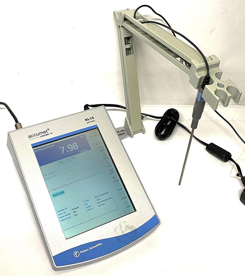 Used Fisher Accumet Excel XL15 pH-mV Meter with Temperature Probe and Support Arm