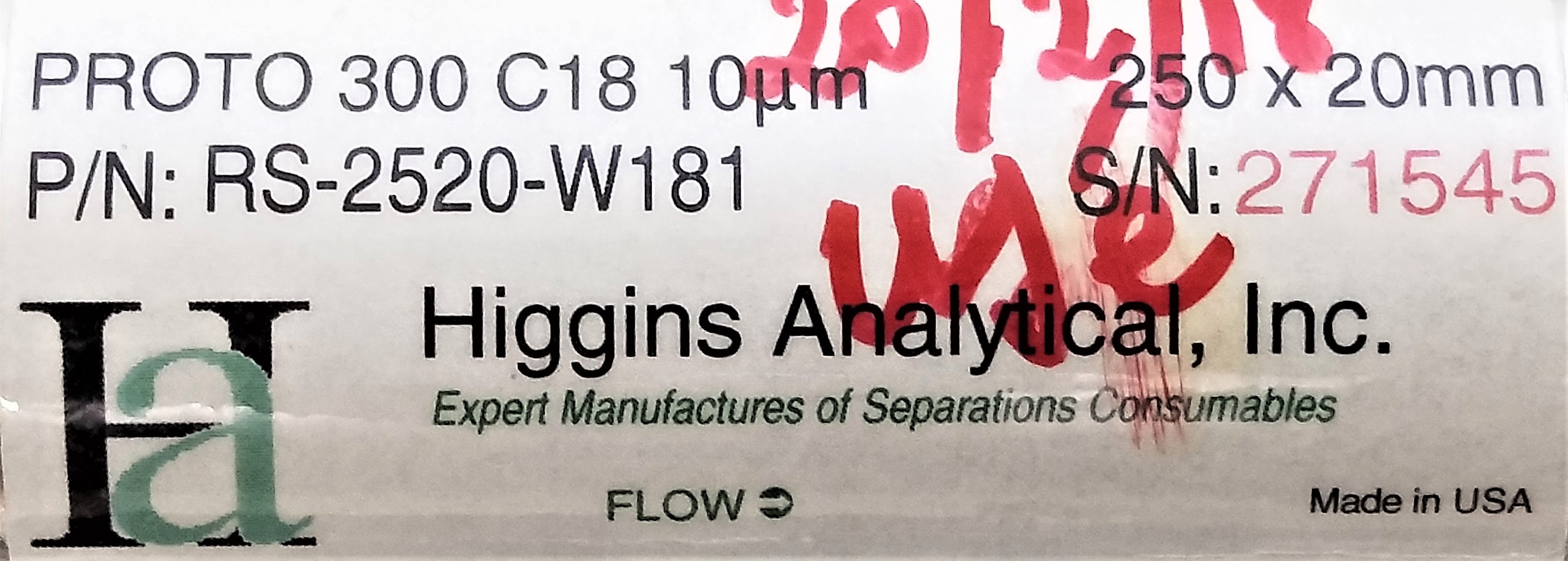 Used Higgins PROTO300 C18 Semi-Prep LC Column (25 cm × 20 mm x 10µm)