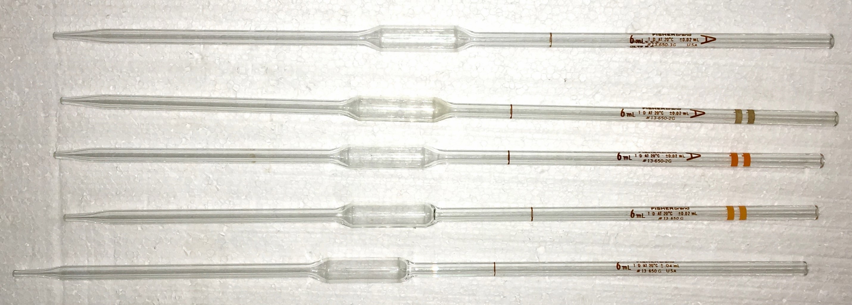 Used Fisherbrand 13-650-2G Class A 6mL Volumetric Pipet