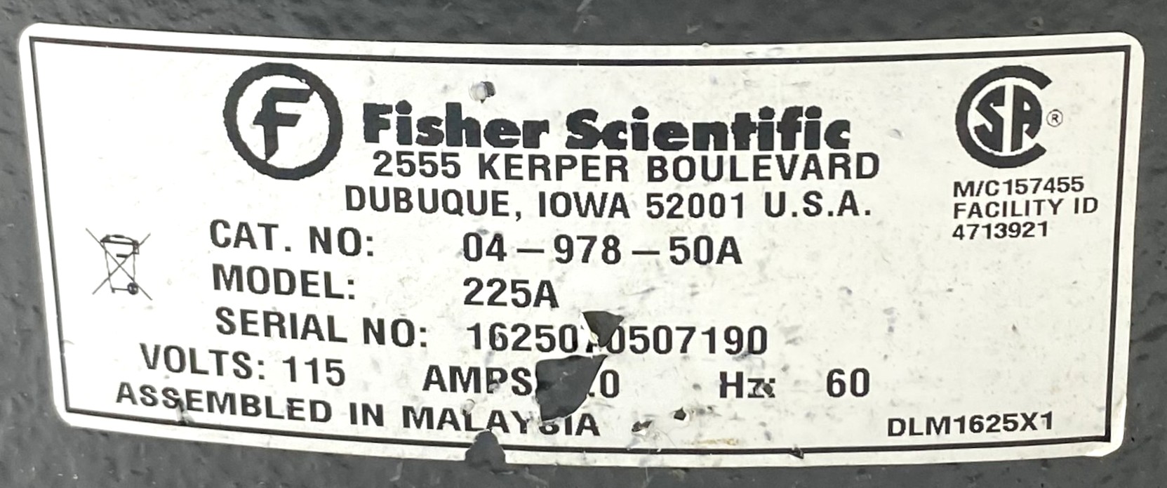 Used Fisher Centrific 225A Centrifuge with IEC 801 Fixed-Angle Rotor (6 x 50mL)