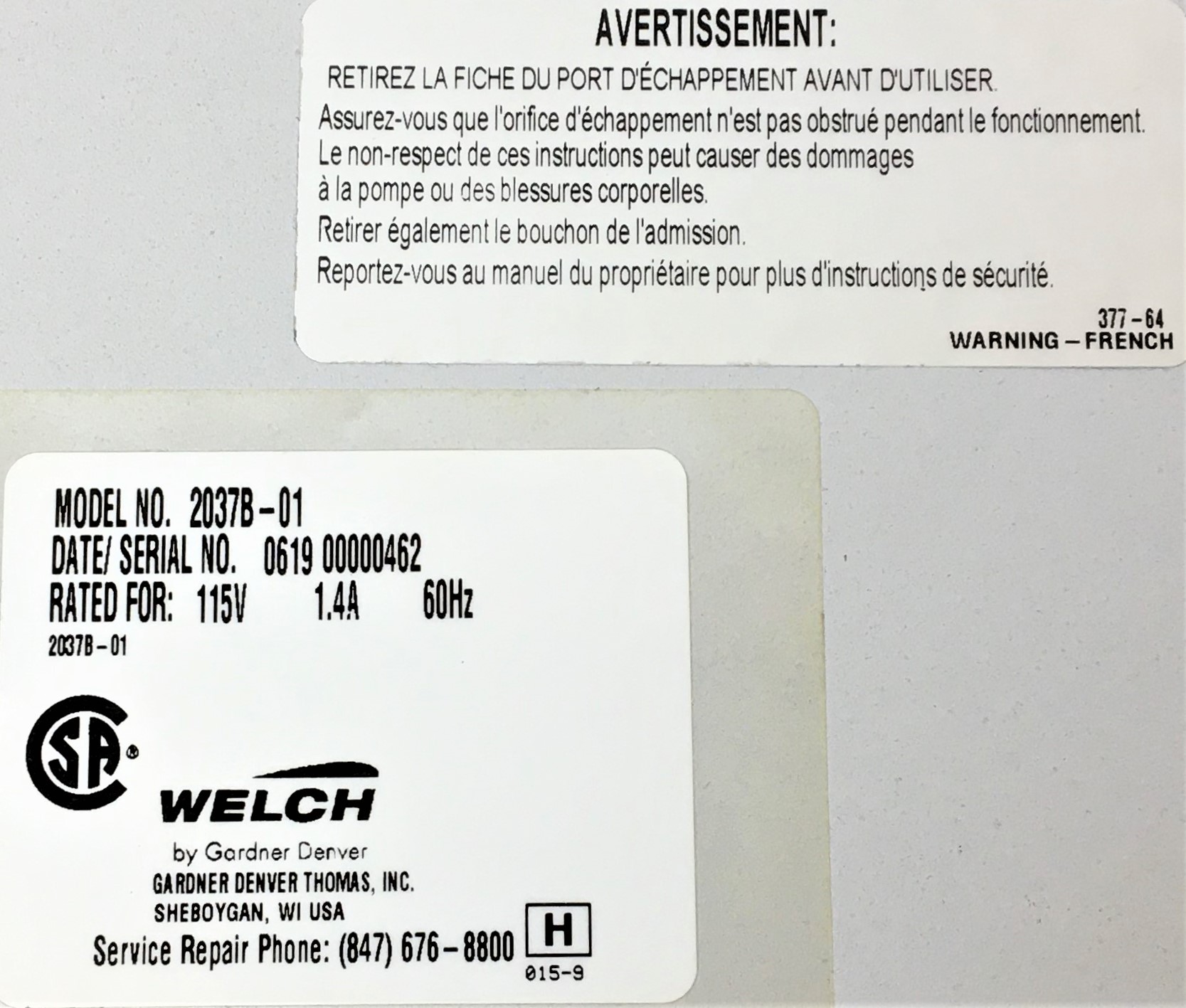 Used Welch DryFast 2037B-01 Diaphragm Vacuum Pump