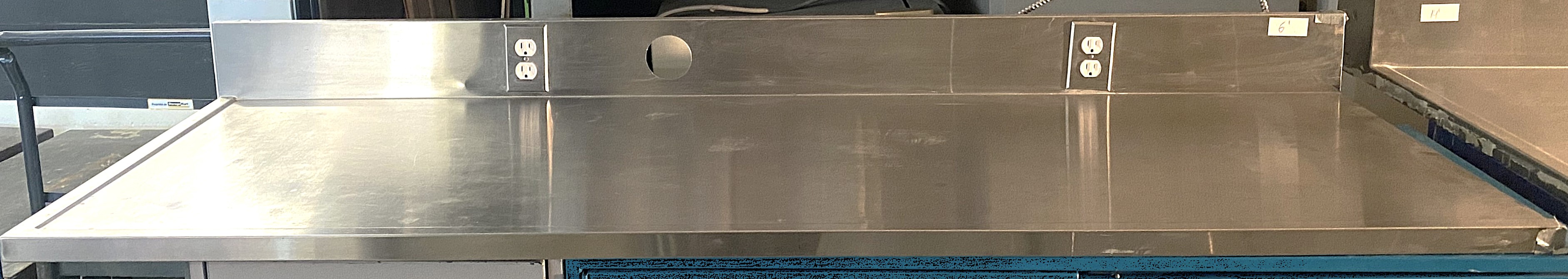 Used Stainless Steel Dished Worksurface with Electrical Outlets and Backsplash (6-ft)