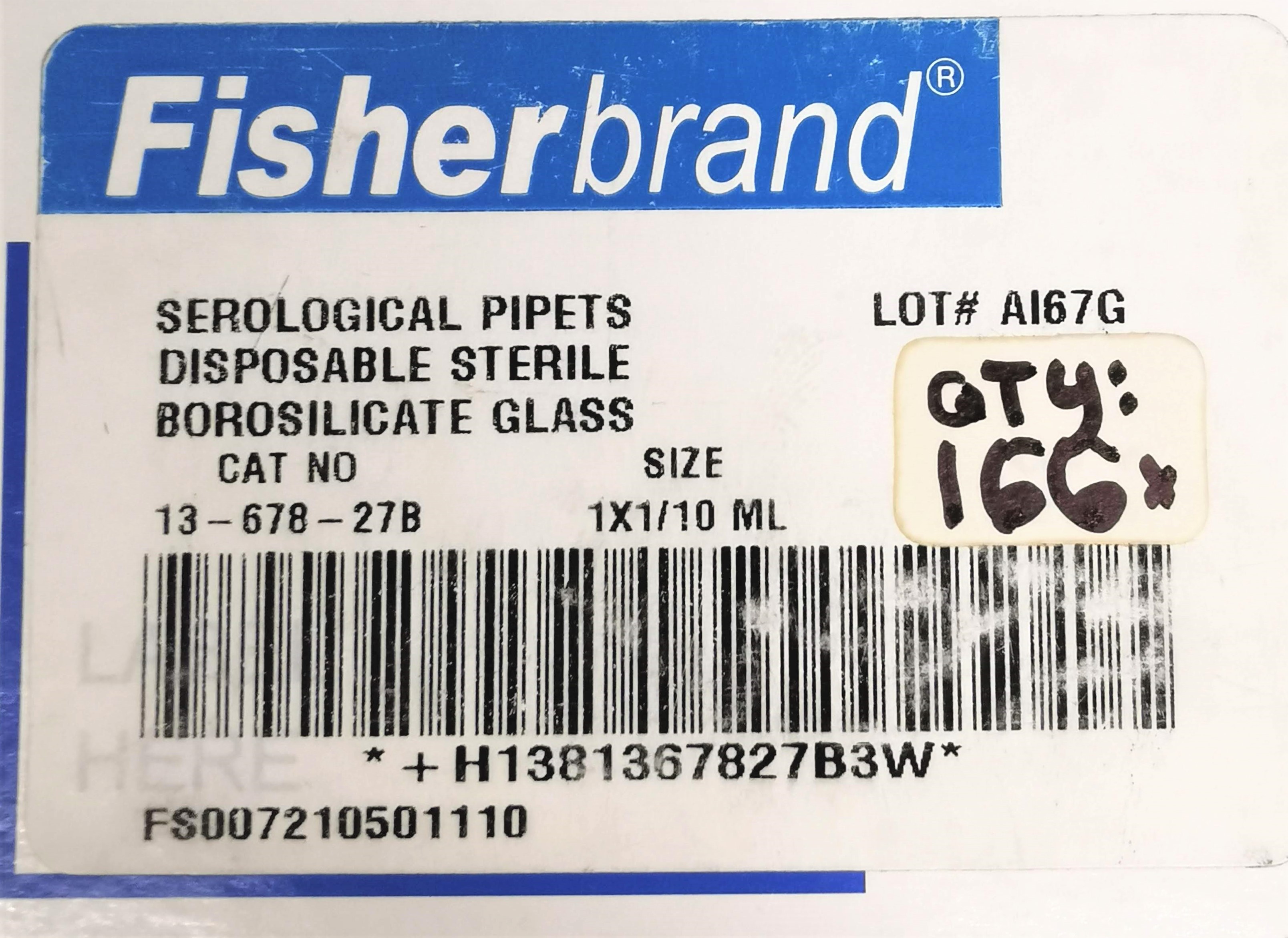 New Open Box Fisherbrand 13-678-27B Sterile Glass Disposable Serological Pipets - 1mL in 1/10 (Pack of 166)