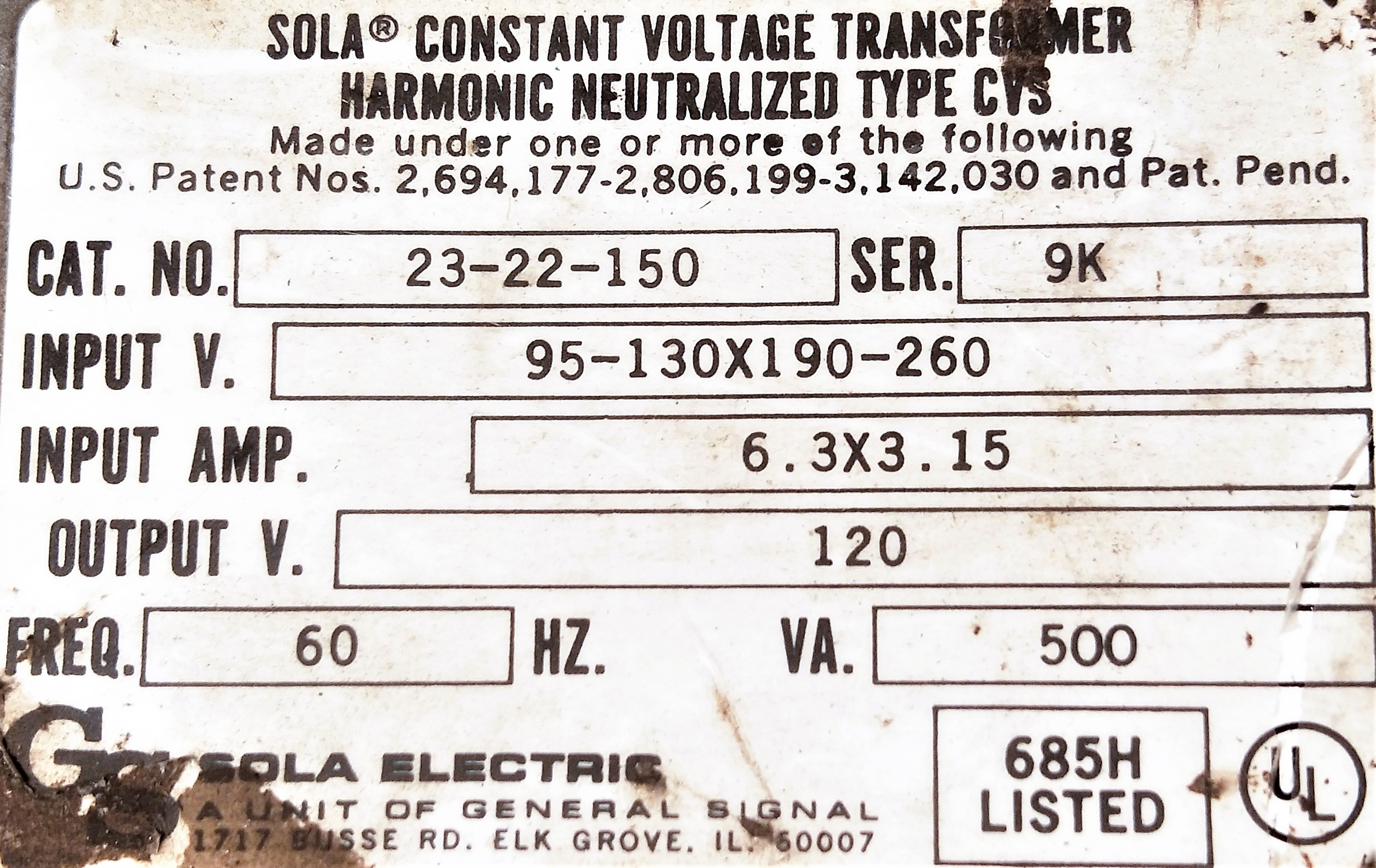 Used Sola 23-22-150 Constant Voltage Transformer
