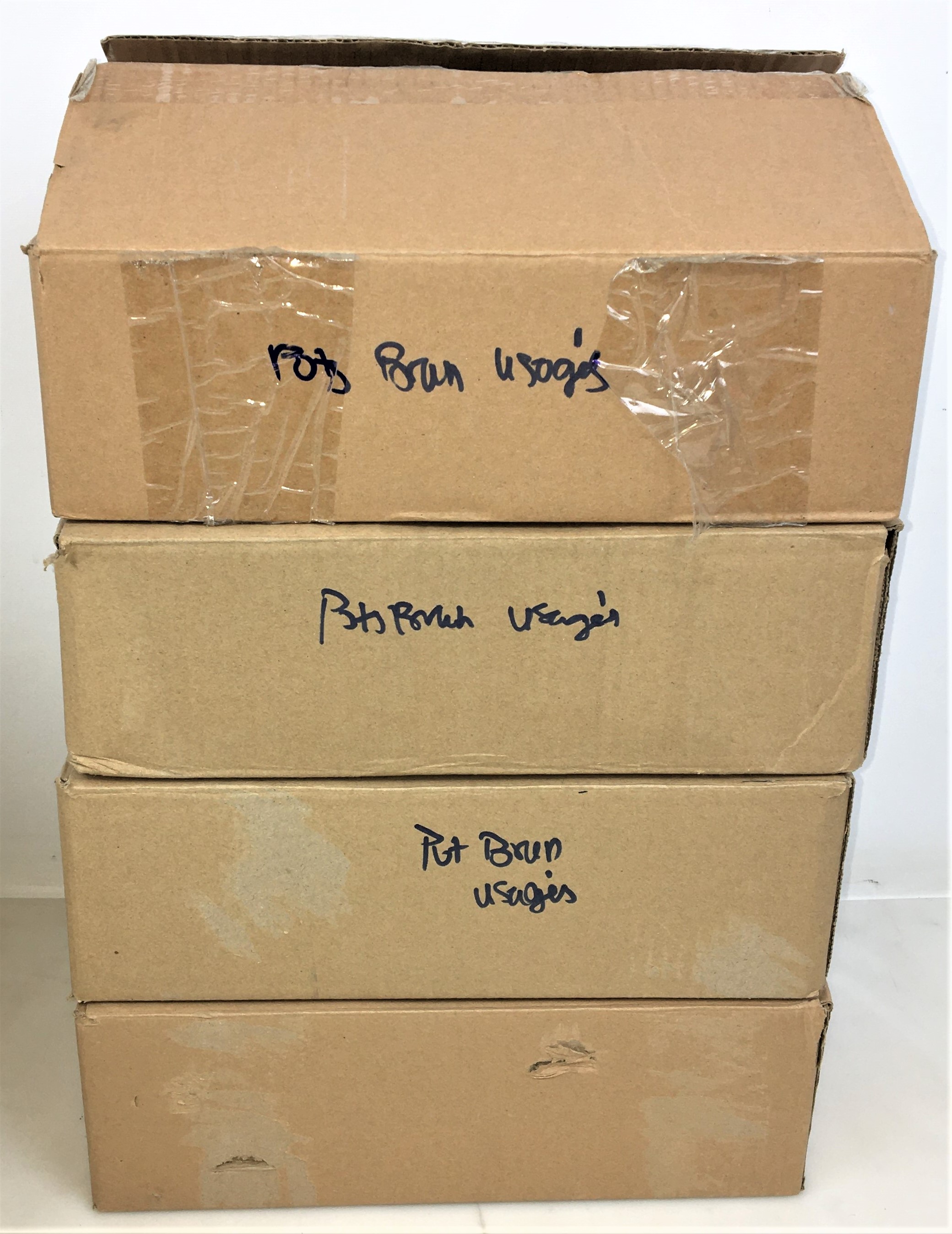 New Open Box Lot of Amber Glassware and Plasticware - Bottles and Jars