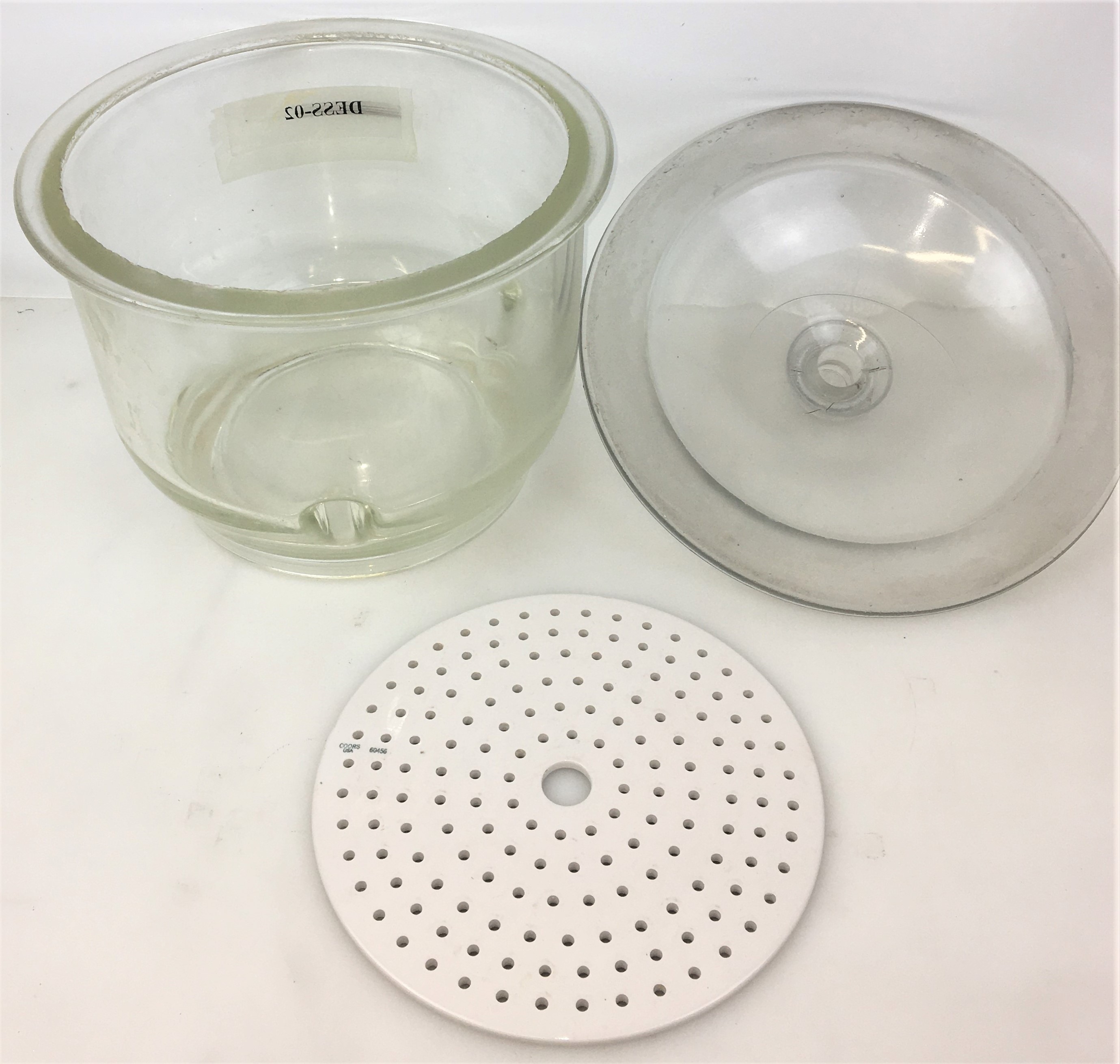 Used Corning PYREX 250 mm ID Glass Desiccator with Coors Plate