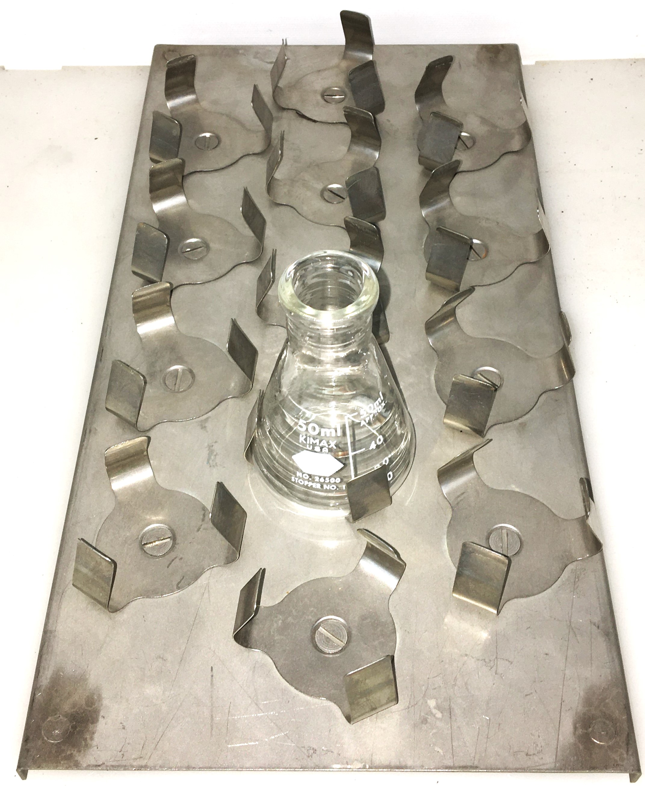 Used Flask Holder Platform Attachment for Shaker with 13 x 50mL Flask Clamps - 12" x 6"
