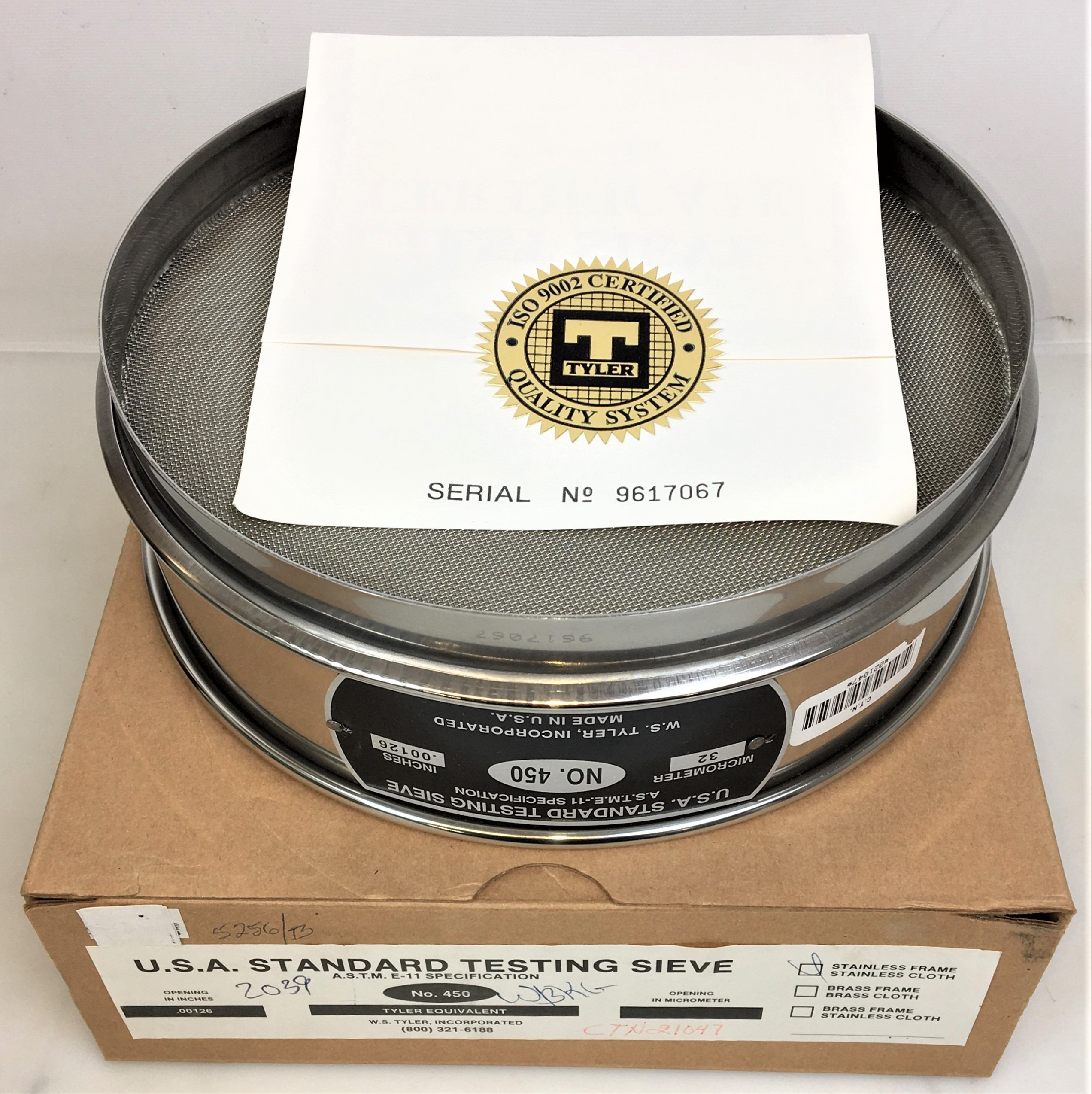 New Open Box Tyler #450 Stainless Steel 12" Sieve (32μm)