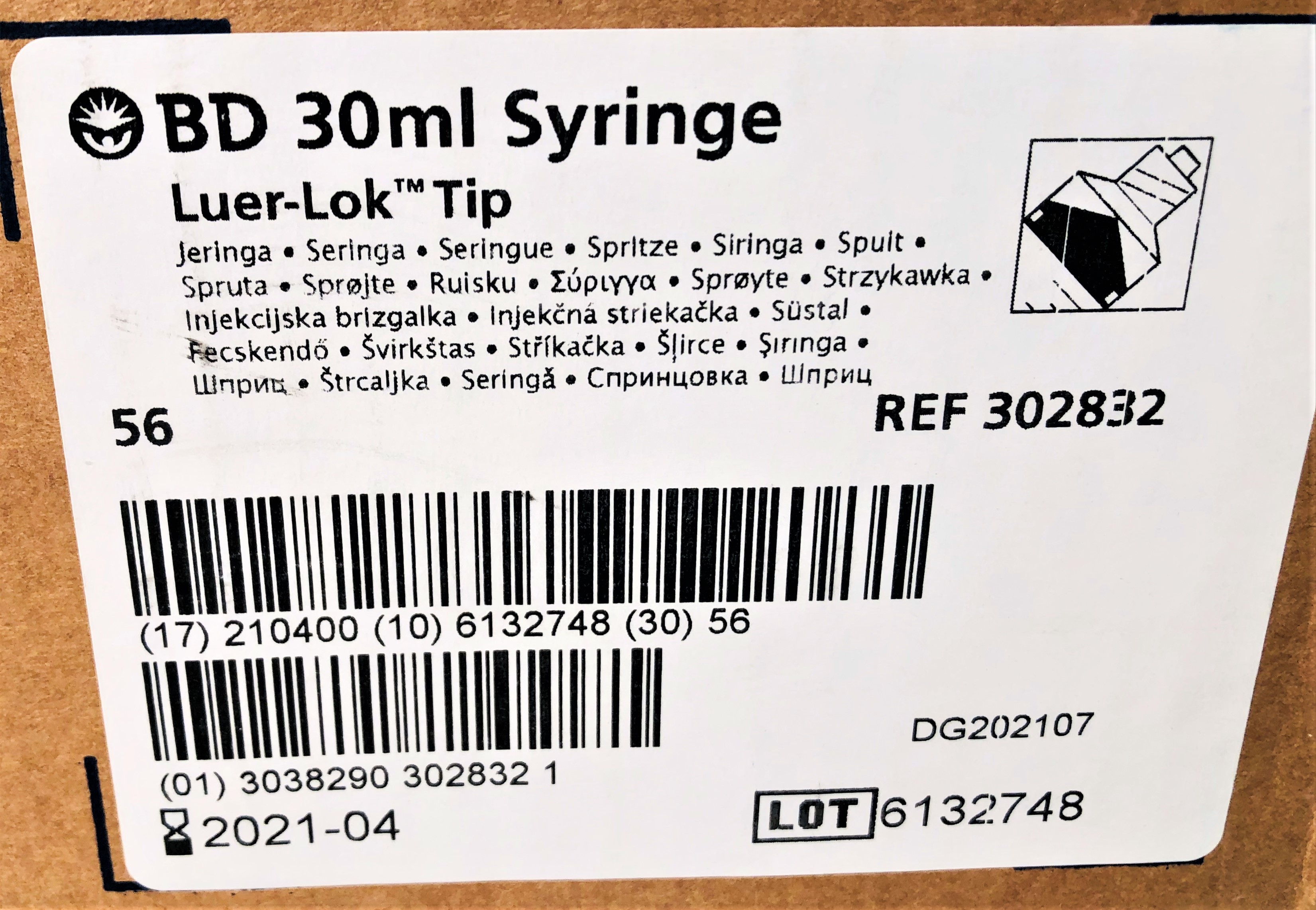 New Open Box B-D 302832 Luer-Lok Syringes without Needles - 30mL (Box of 56)