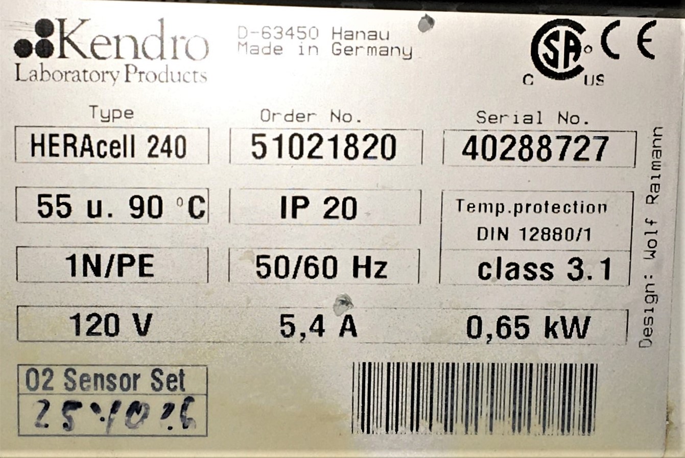 Used Heraeus HERAcell 240 CO2 Incubator - 8.4 Cu-Ft