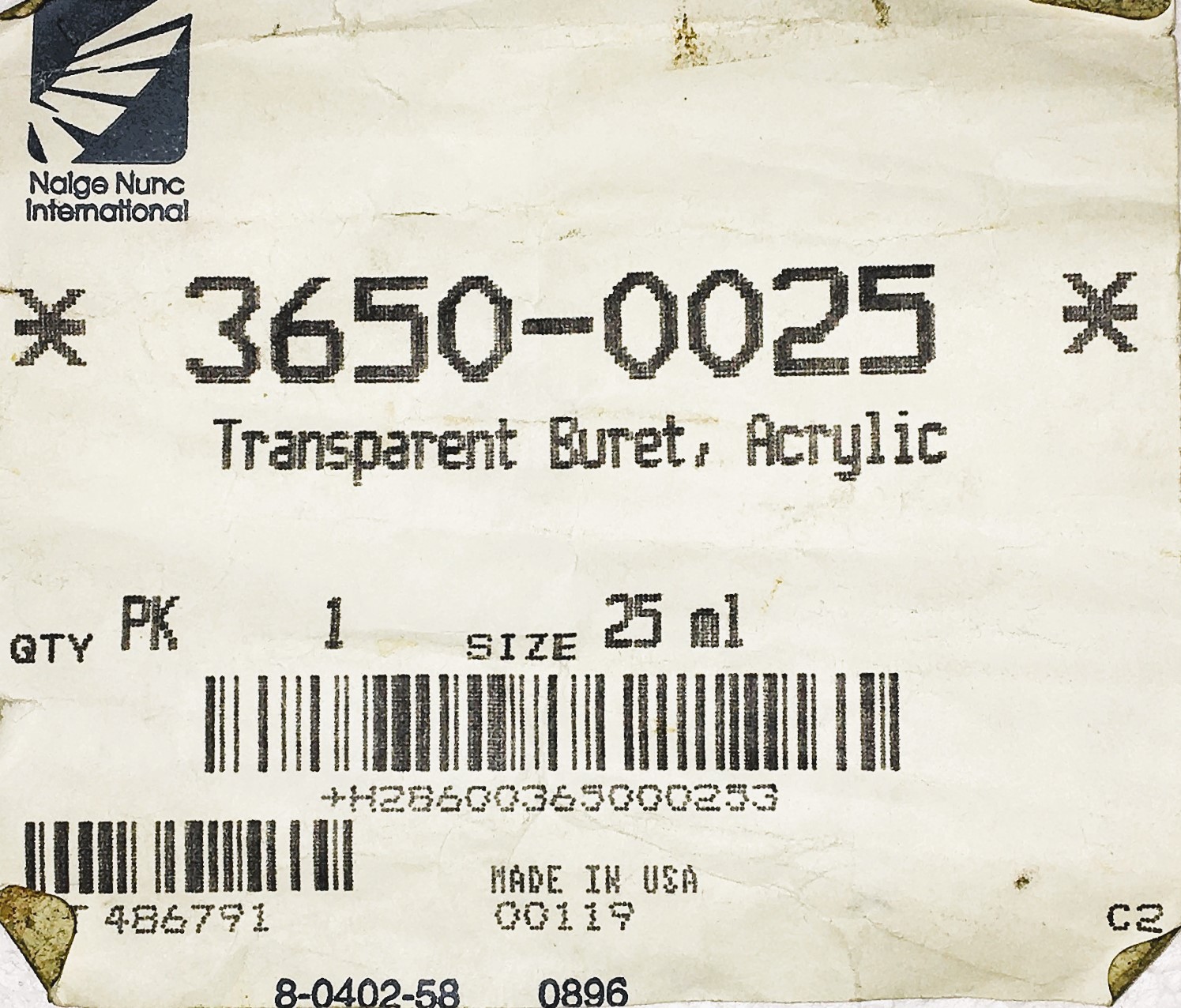 New Open Box Nalgene 3650-0025 Acrylic Buret (25mL)