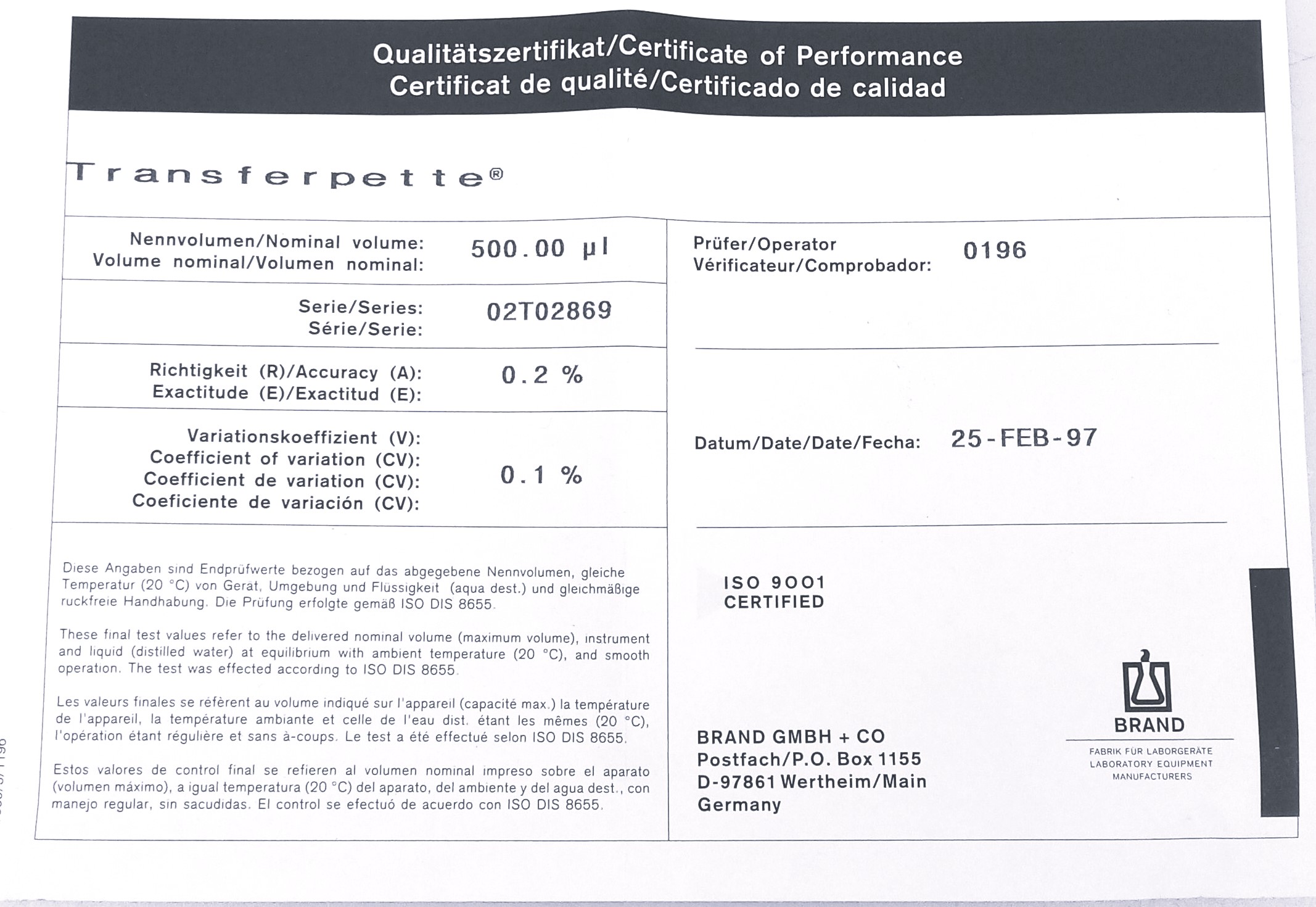 New Open Box BrandTech Transferpette 2704154 Fixed Volume 0.5mL Pipettor