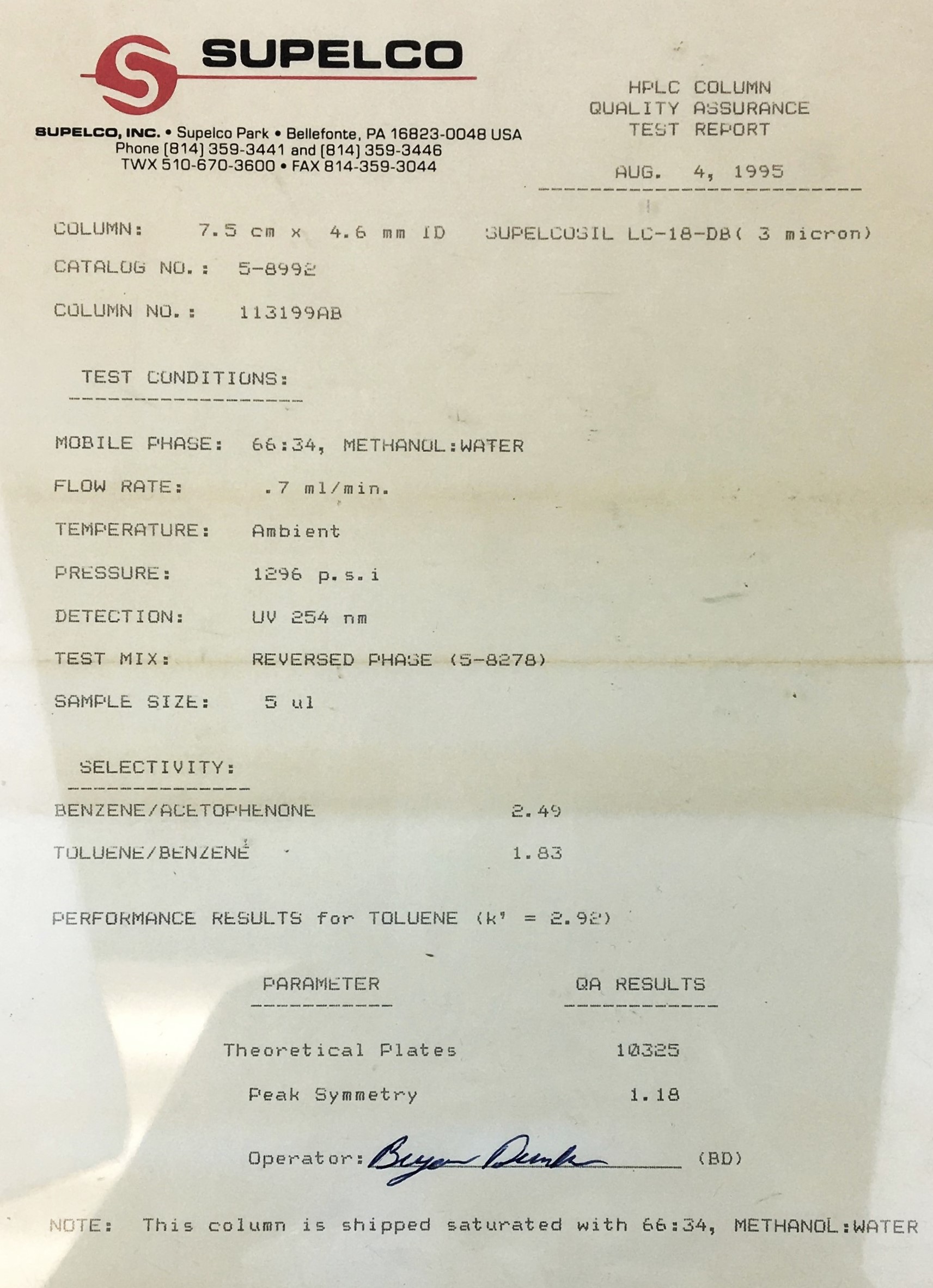 New Open Box Supelco Supelcosil LC-18-DB (58992) HPLC Column (7.5 cm × 4.6 mm x 3µm)