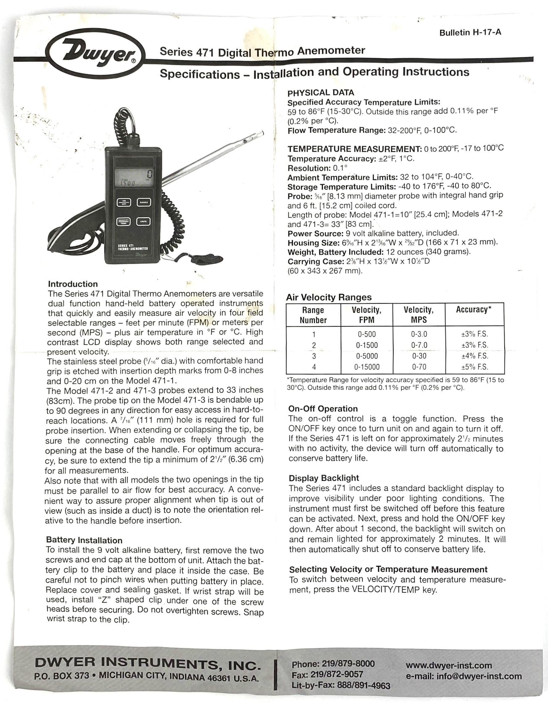 Used Dwyer Series 471 Thermo-Anemometer