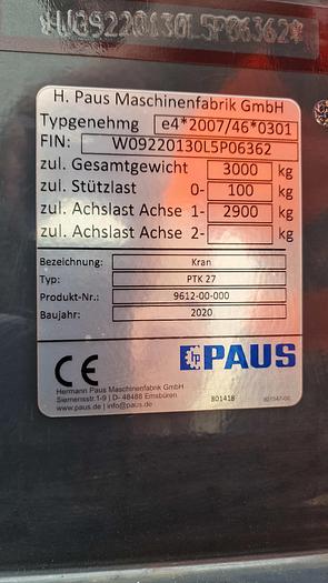 Used 2020 Paus PTK27 Trailer Crane