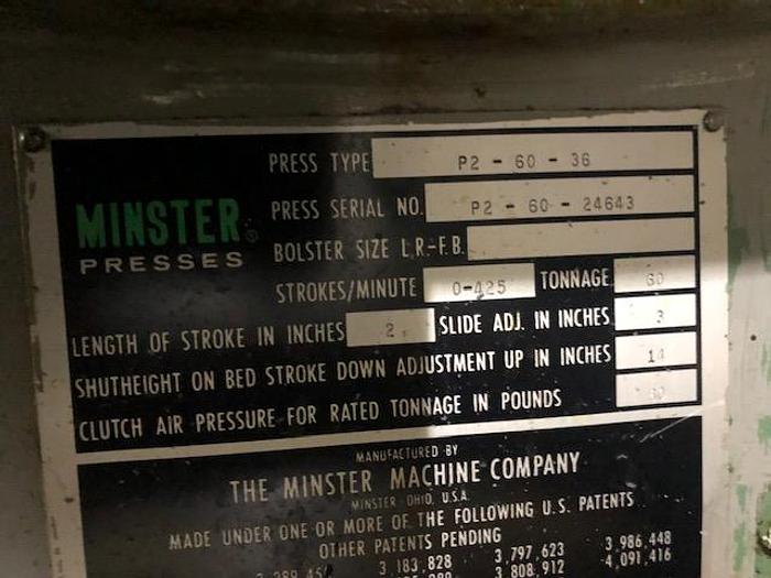Used 60 Ton, MINSTER, No. P2-60-36, SSDDC PRESS