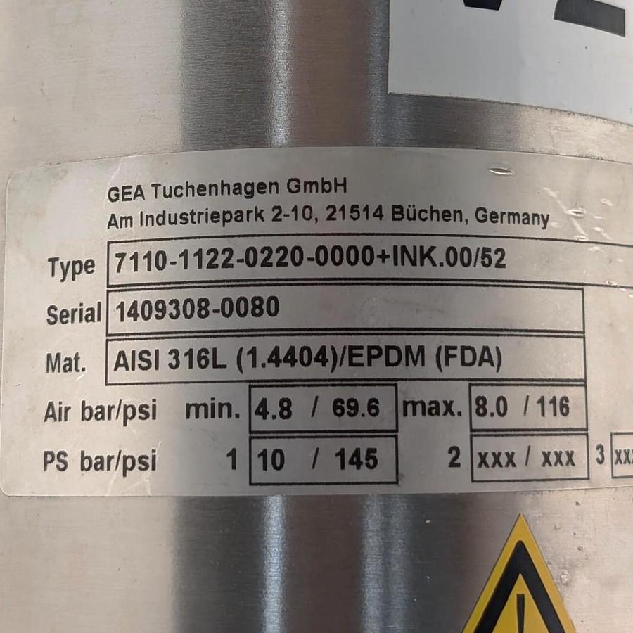 Used 2014 GEA Tuchenhagen 7110-1122-0220-0000 +INK.00/52  DN25-100 / 1"-4" OD