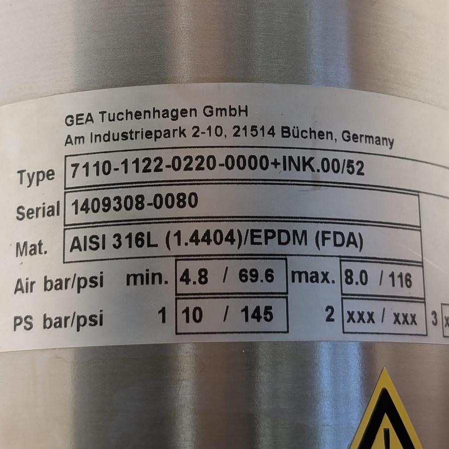 Used 2014 GEA Tuchenhagen 7110-1122-0220-0000+INK.00/52 DN25 à DN100 (1 à 4 pouces OD).