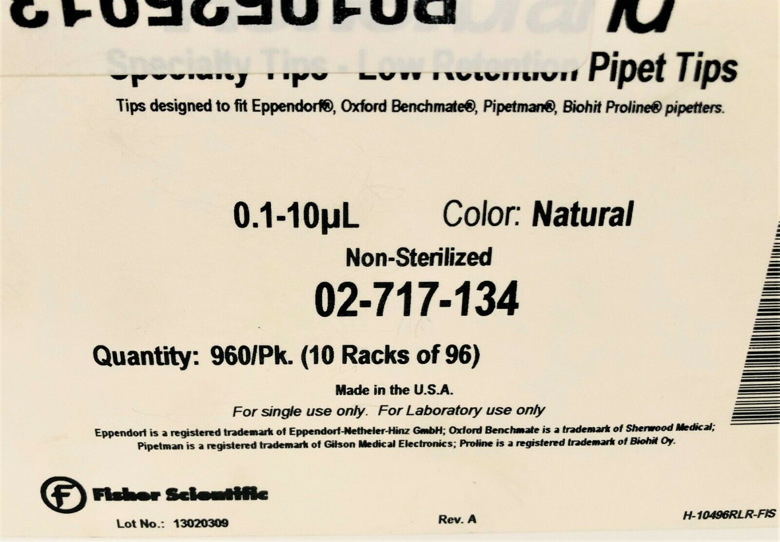 New open box Fisherbrand 02-717-134 Disposable Pipette Tips - 0.1 to 10uL (Box of 10 Trays)