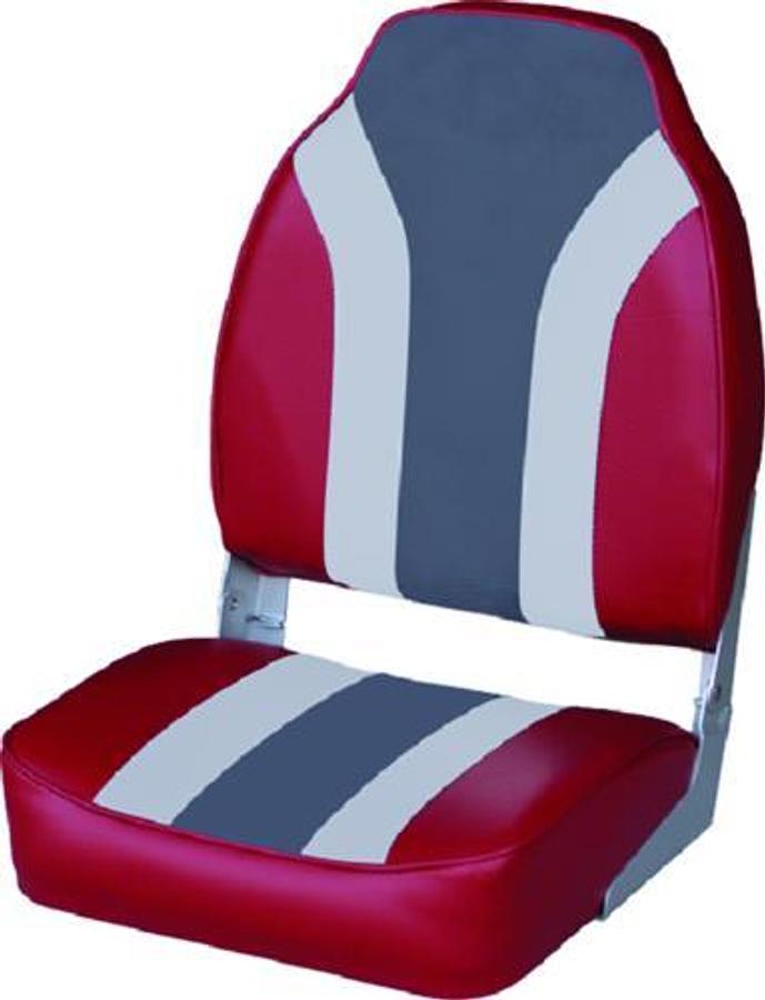 Classic High Back Fishing Boat Seat with No Pinch Hinge - Red/Gray/Charcoal