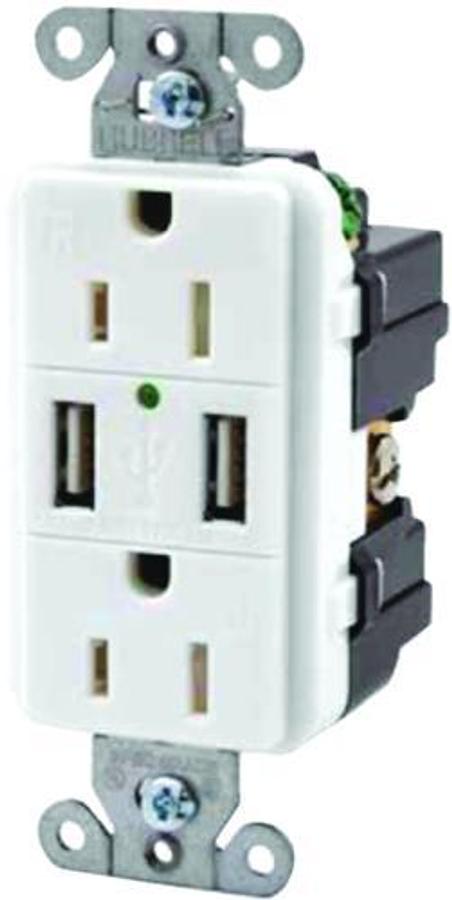 15A Tamper Resistant USB Receptacle Charger - White
