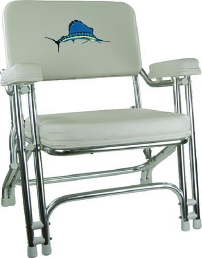 Folding Deck Chair with Aluminum Tubing and Embroidery - White
