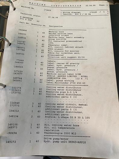 Used 1997 Arburg Allrounder Selecta 270S 250-60 Injection Moulding Machine