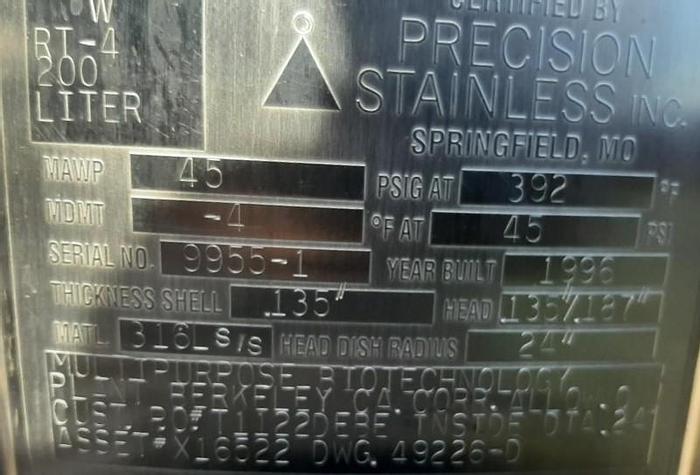 Used Tank, 52.8 Gallon, 316 Stainless Steel, 24" X 26", 45 PSI, Precision, #S743749