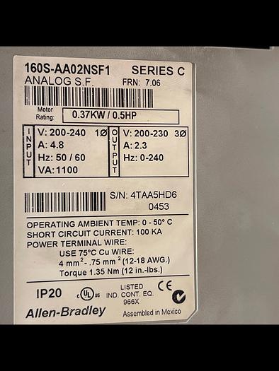 Used Allen-Bradley 160S-AA02NSF1 Ser.C 160S-LFA1 Ser. A