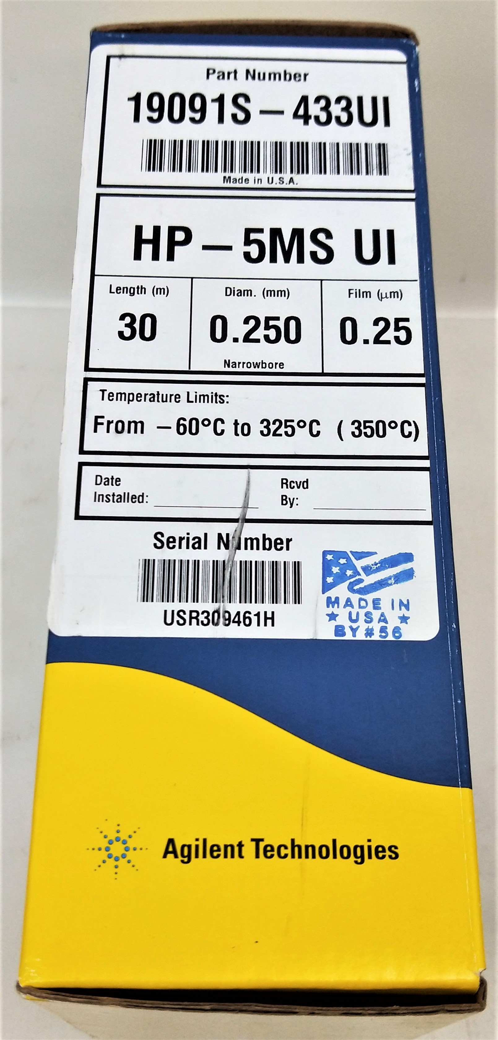 New Open Box Agilent HP-5MS UI (19091S-433UI) Capillary Column - 30M x 0.25mm x 0.25µm