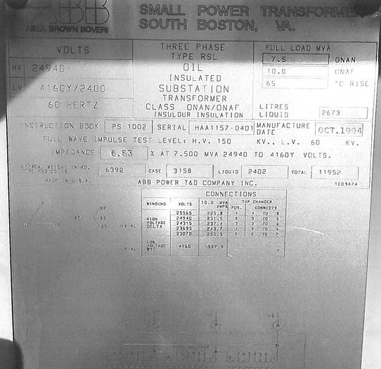 Used 1994 ABB 3PH 7.5/10 MVA 24940 Delta 4160Y/2400 Transformer